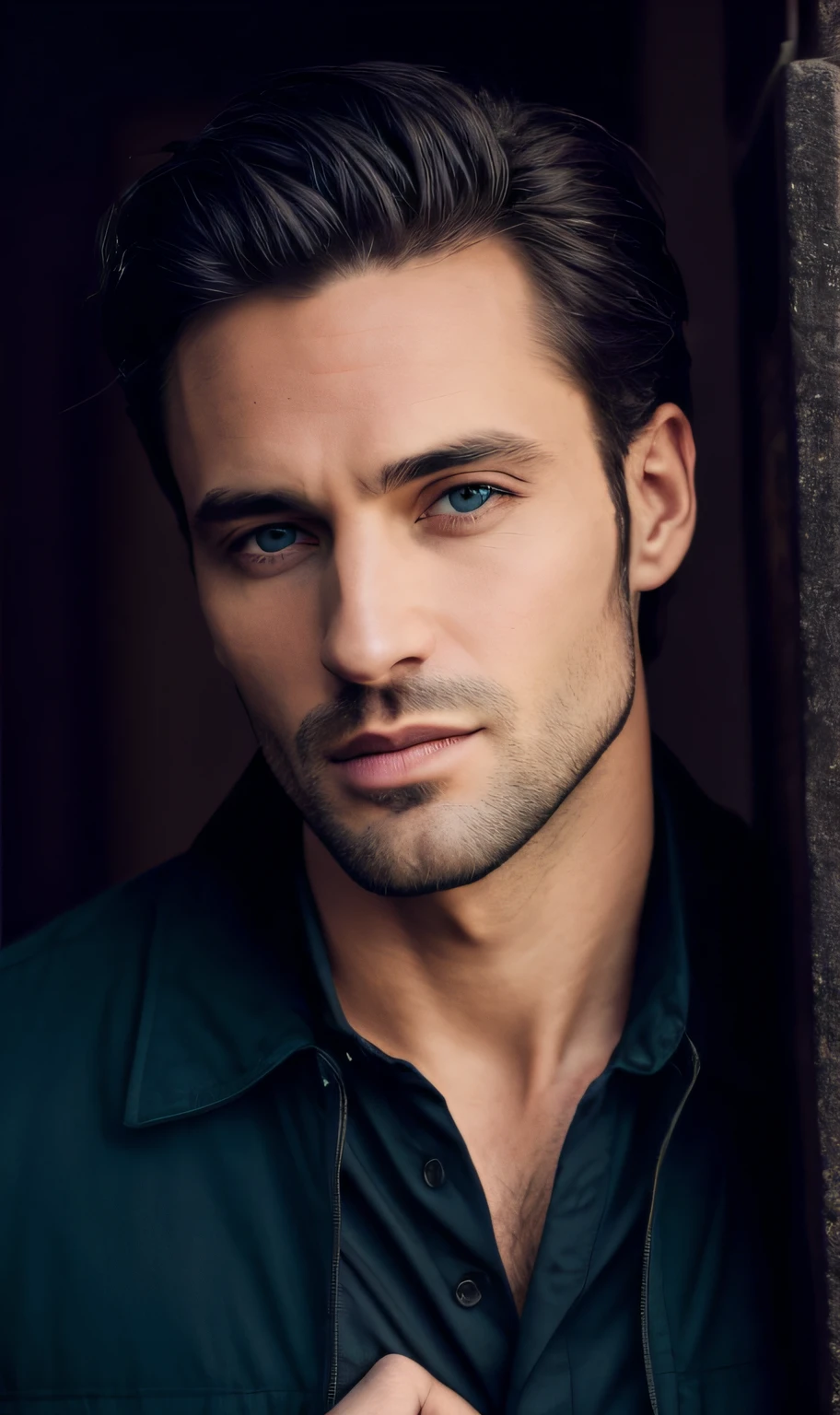 A 35-year-old man in a black shirt and a black jacket, a handsome vampire man, a handsome man, a vampire man, beautiful eyes, a handsome man, hot, his eyes look wise, l vampire, a beautiful face, intense decay, official photo, a handsome man, with bright green eyes!!, an attractive man, a seductive look, a full body, standing at full height, a man standing against a wall, leaning on his shoulder, a full-length man standing near the wall, Full beautiful male body, blonde hair, full face