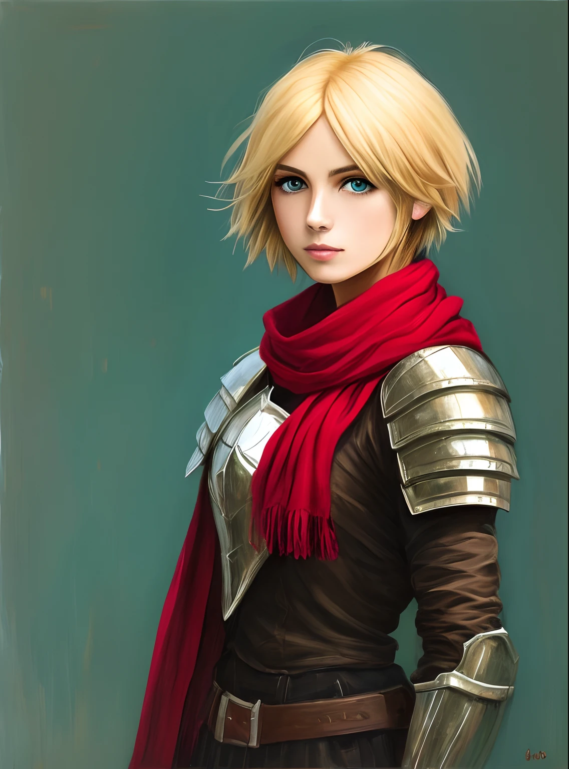 oil painted,blond hairbl,short detailed hair,blue eyes,armor,Red scarf,s girl
