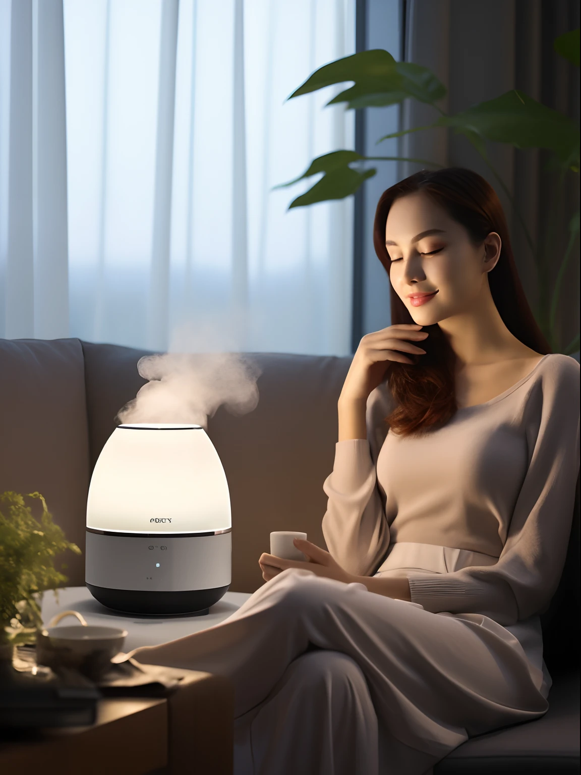 Best quality, high resolution, High quality, Highly detailed, Super detailed, promotional poster, A woman wearing a white dress，sitting in the couch, full body shot shot，Faraway view。Fair, smooth and delicate skin，Sit at the small table next to her，Enjoy a small humidifier，Create a warm and refreshing atmosphere. The scene is captured in the product poster，Has perfect compositional features, Full body shooting of women, And shoot with a long lens (LS) Equipped with Hasselblad cameras /15 and ISO 100，The aperture is f, Highlight the clarity and detail of the image. The overall mood of the poster is calm and peaceful, A perfect show of how distance from an effective humidifier can really benefit the surrounding environment. -- Q2 -- Air 2:3 --v 5