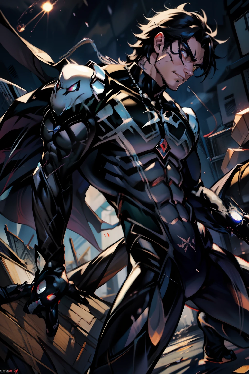 《the original god》Arataki Kazuto , male people, chest muscle, Sexy , Venom symbiote for your body, Black mucus of the body , into venom, venomize,Black bodysuit,(Cloak),Red cape,Abs,(Adult male)((Venom possession,venom symbiote)),over-Tortoise Man,Battle damage,((Masterpiece)), ((Best quality)), Ultra detailed,((illustration)), Dynamic Angle, Detailed light, (Delicate eyes), Floating, 1boy, Male focus, Head, Clothing, Yellow eyes, necklace, tattoo, (Forehead:0.8), (ahoge:0.8), jewelry, brunette color hair,apathy,Ray, chest muscle, Sexy , Venom symbiote for your body, Black mucus of the body , (into venom), Venom,frontage,Bust photo,White tight-fitting top,spiderman outfit,style of anime4 K, 4K anime wallpaper, Badass anime 8 K, 4 k comic wallpaper, young anime man, Anime boys, Anime wallpapers 4 k, Anime wallpaper 4K, High quality anime art style, Anime moe art style, Anime art wallpaper 8 K, Anime art wallpaper 4 K, RGB lighting,