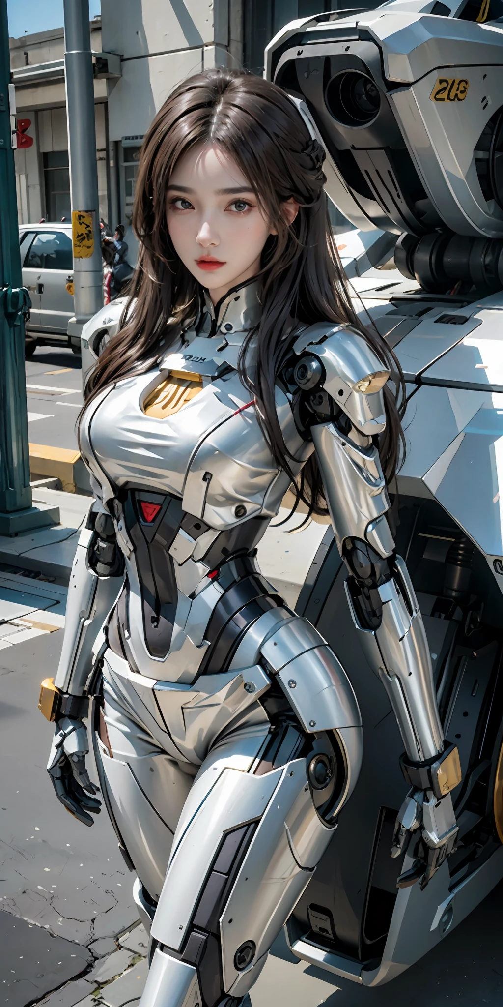 photorealistic, high resolution, soft light,1women, solo, hips up, (detailed face), long hair, mecha musume, mechanical parts, robot joints, full robot body