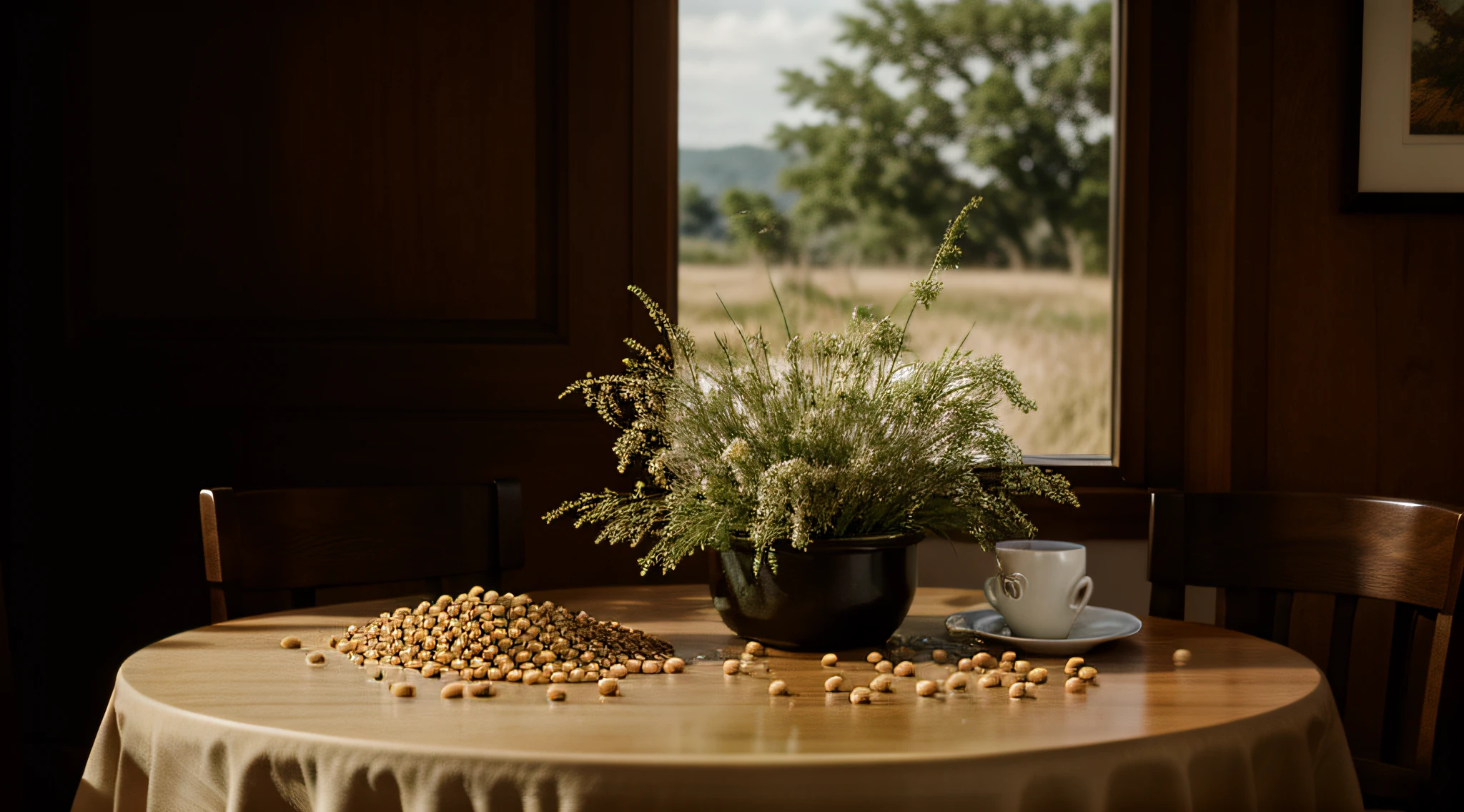 Preserve composition,Does not break the content in the picture,Does not spoil the texture of the picture,There are scattered soybeans on the tabletop, Portrait shooting, sits at a table,