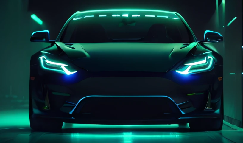 A blue car,The headlights shine neon, Blue headlights, glowing headlights, Vehicle design trends, car lights, front of car angle, 🦑 designs, glowing interior components, Front lighting, car tesla 3, anonymous as a car, blue neon details, headlights are on, Bright headlights, Very dark,With blue light