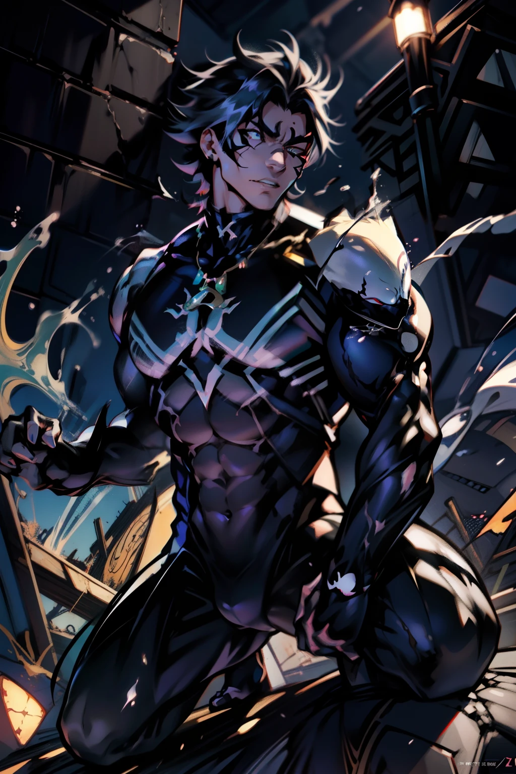 《the original god》Arataki Kazuto , male people, chest muscle, Sexy , Venom symbiote for your body, Black mucus of the body , into venom, venomize,Black bodysuit,(Cloak),Red cape,Abs,(Adult male)((Venom possession,venom symbiote)),over-Tortoise Man,Battle damage,((Masterpiece)), ((Best quality)), Ultra detailed,((illustration)), Dynamic Angle, Detailed light, (Delicate eyes), Floating, 1boy, Male focus, Head, Clothing, Yellow eyes, necklace, tattoo, (Forehead:0.8), (ahoge:0.8), jewelry, brunette color hair,apathy,Ray, chest muscle, Sexy , Venom symbiote for your body, Black mucus of the body , (into venom), Venom,frontage,Bust photo,White tight-fitting top,spiderman outfit,style of anime4 K, 4K anime wallpaper, Badass anime 8 K, 4 k comic wallpaper, young anime man, Anime boys, Anime wallpapers 4 k, Anime wallpaper 4K, High quality anime art style, Anime moe art style, Anime art wallpaper 8 K, Anime art wallpaper 4 K, RGB lighting,
