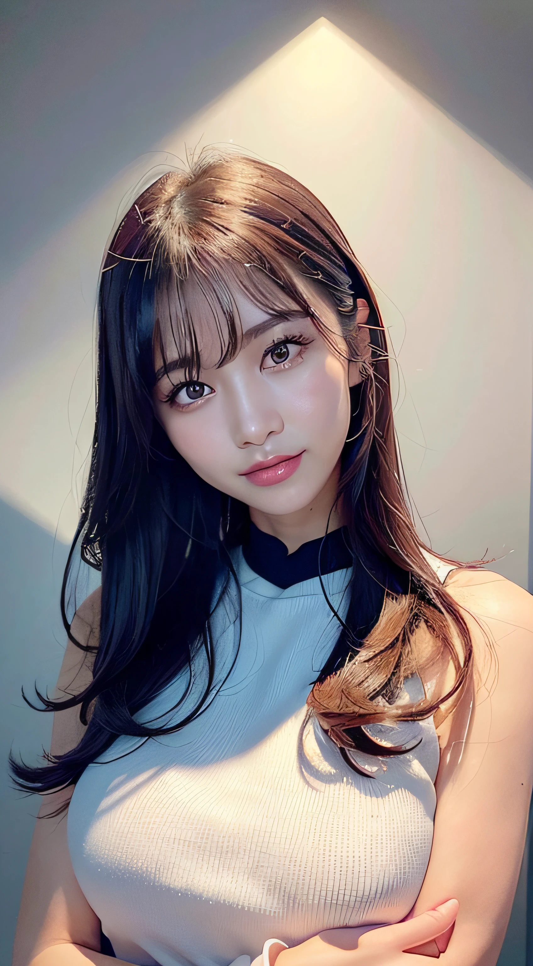 1girl in、beautiful vintage color、Instagram(Photorealsitic、hight resolution:1.4)、((Puffy eyes))、Staring at the viewer、、full body Esbian(8K、Raw photography、top-quality、masterpiece:1.2)、(realisitic、Photorealsitic) :1.37)、(foco nítido:1.2)、Professional Writing、photon maping、Radio City、Physically Based Rendering、(de pele branca:1.2)、Viewer's Perspective、(Middle hair:1.5)、portlate、Purple Eye、(silber hair:1.1)、bangss、(symple background:1.4)、独奏、The upper part of the body、realisitic、(masterpiece:1.4)、(top-quality:1.4)、(glowy skin)、fashionGirl、makeups、A smile(skinny、Mouth closure、full of shyness:1.3)、Colossal tits、sexypose、Realistic pores