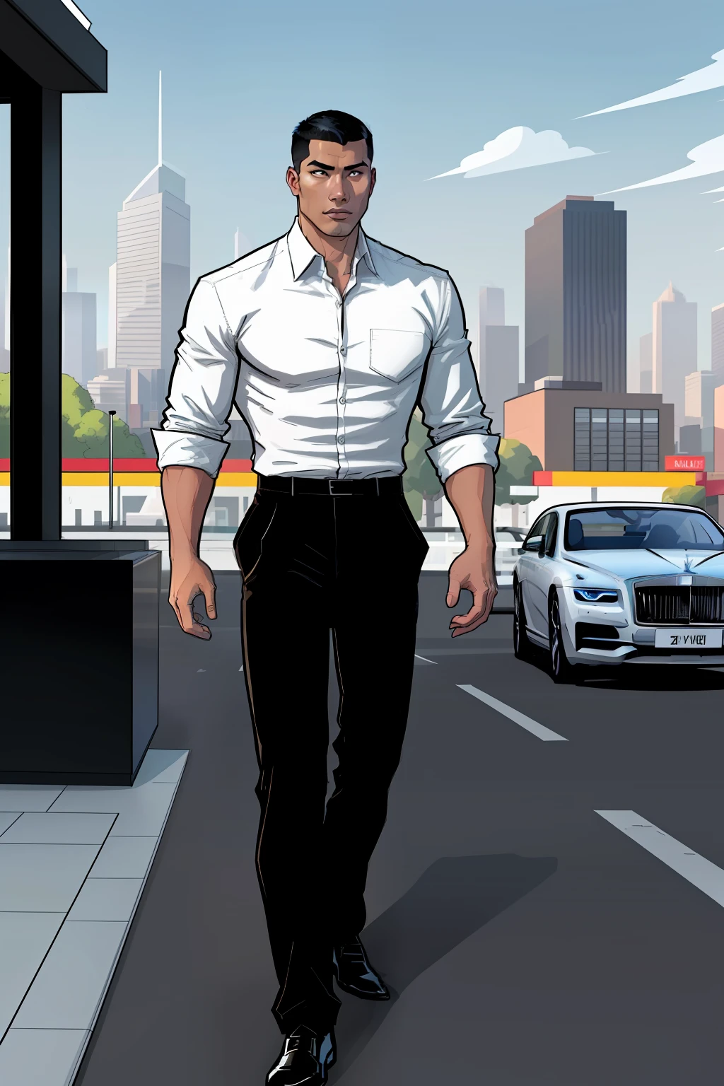 asian man, standing, outside, daytime, black Rolls-Royce, city on background, buzz cut hair, black pants, shirt, white shirt, comic book style, flat shaded, prominent comic book outline linework