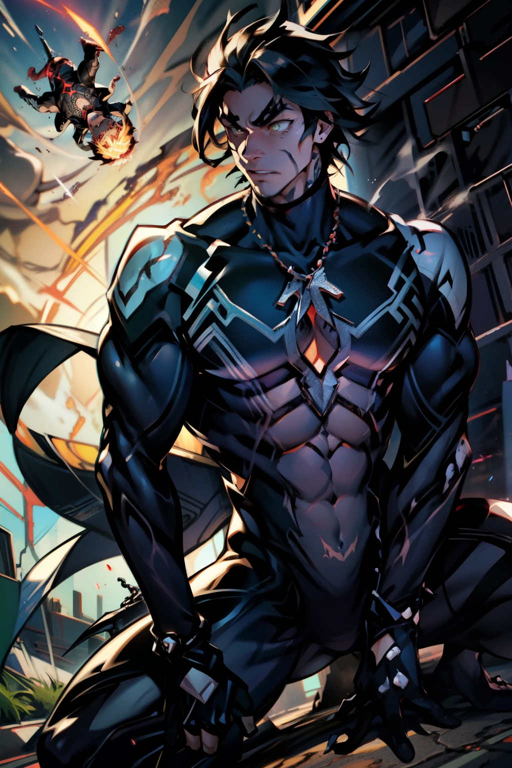 《the original god》Arataki Kazuto , male people, chest muscle, Sexy , Venom symbiote for your body, Black mucus of the body , into venom, venomize,Black bodysuit,(Cloak),Red cape,Abs,(Adult male)((Venom possession,venom symbiote)),over-Tortoise Man,Battle damage,((Masterpiece)), ((Best quality)), Ultra detailed,((illustration)), Dynamic Angle, Detailed light, (Delicate eyes), Floating, 1boy, Male focus, Head, Clothing, Yellow eyes, necklace, tattoo, (Forehead:0.8), (ahoge:0.8), jewelry, brunette color hair,apathy,Ray, chest muscle, Sexy , Venom symbiote for your body, Black mucus of the body , (into venom), Venom,frontage,Bust photo,White tight-fitting top,spiderman outfit,style of anime4 K, 4K anime wallpaper, Badass anime 8 K, 4 k comic wallpaper, young anime man, Anime boys, Anime wallpapers 4 k, Anime wallpaper 4K, High quality anime art style, Anime moe art style, Anime art wallpaper 8 K, Anime art wallpaper 4 K, RGB lighting,