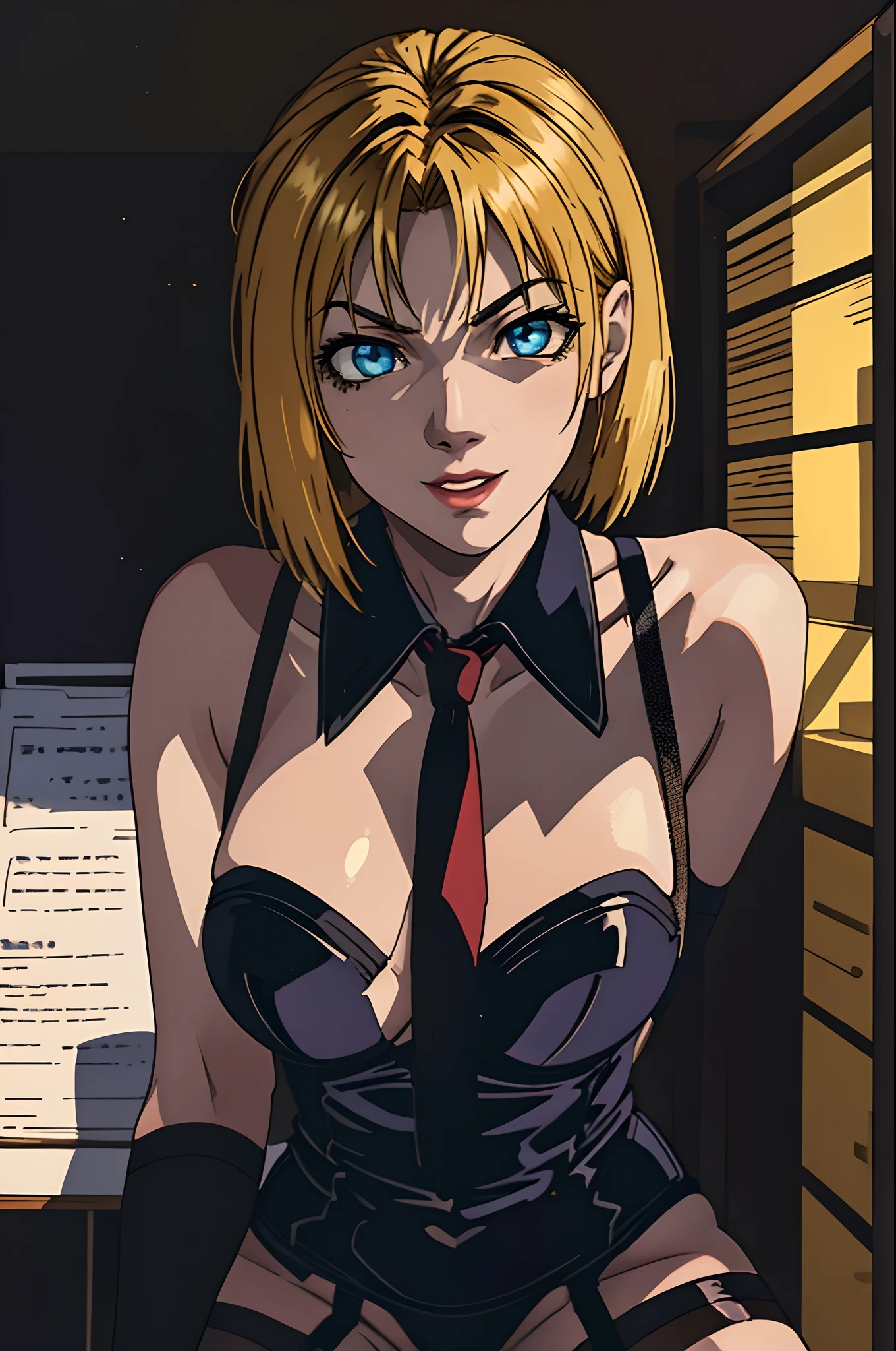 Bible black, Reika Kitami, short blond hair, stockings with garter belts, mischievous face, extremely detailed face and eyes, office background, absurdes, beautiful shadow and dim lighting