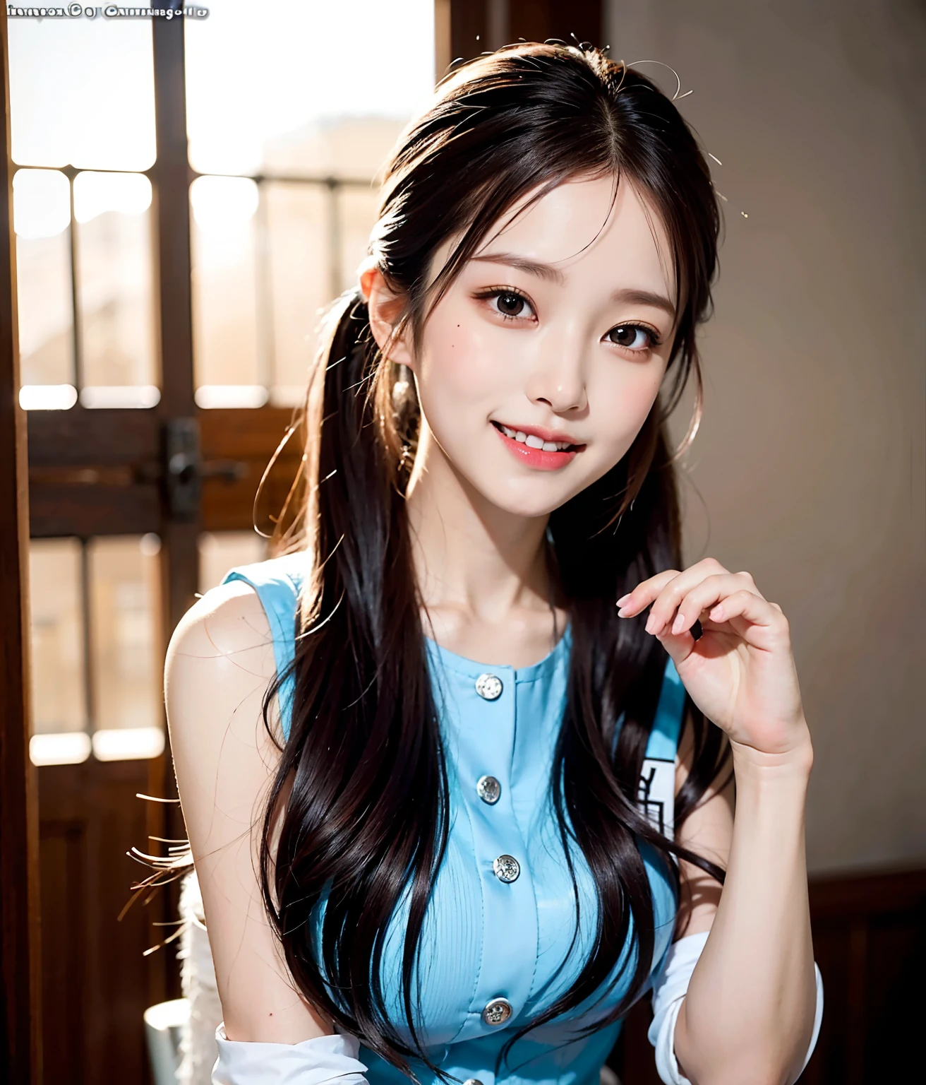 Raise Right Hand, Slender Legs, Ponytail, Extraordinary Beauty, Pretty Face, Best Smile, Cute Smile, Frontal, Slender, Straight Hair, School, ulzzang-6500-v1.1, (Raw Photo: 1.2), (Photorealistic: 1.4), Beautiful Detailed Girl, Very Detailed Eyes and Face, Beautiful Detailed Eyes, Huge File Size, High Resolution, Very Detailed, Best Quality, Masterpiece, ( (Japan girls' high school uniforms)), very detailed, CG, 8k wallpaper, fantastic, fine detail, top quality, highly detailed CG uniforms, light on face, movie lighting, 16 year old girl,