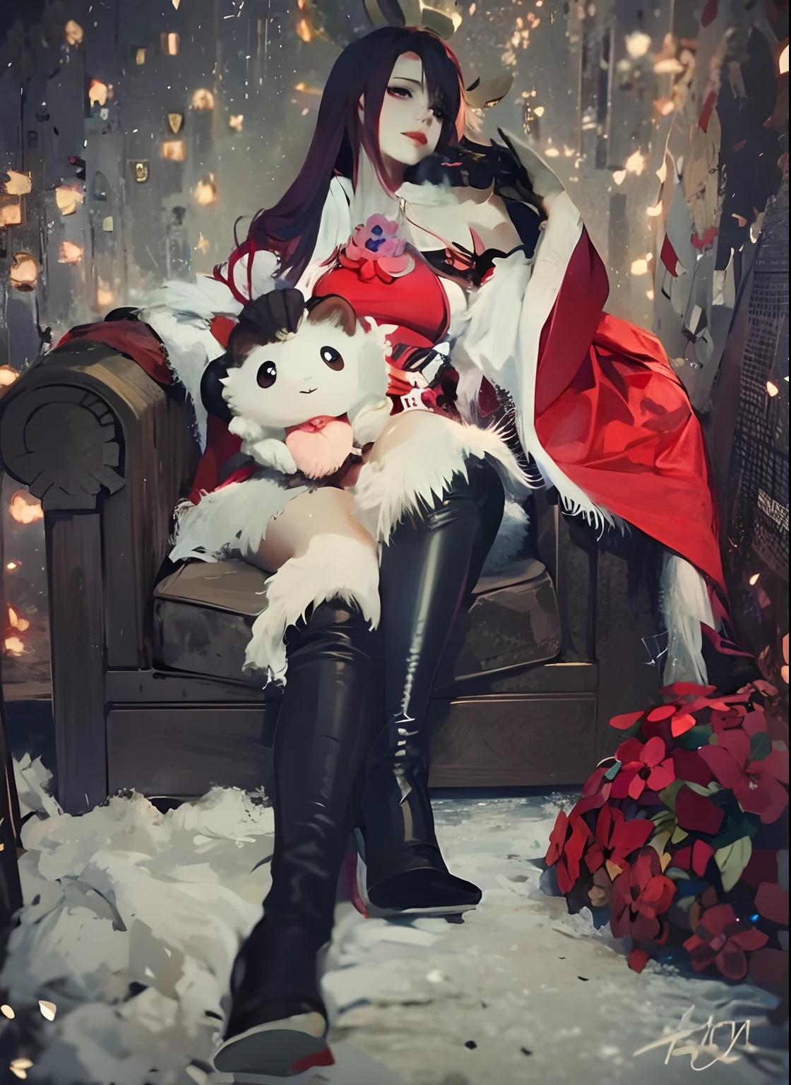 Arapefi, Dress up as Santa Claus, sit on chair，Stuffed animal in hand, ahri from league of legend, Irelia from League of Legends, ahri, Irelia, annie from league of legends, Charming Tifa Lockheart, glamourous cosplay, from league of legends, alluring tipha lockhart portrait, from overwatch, tifa lockheart