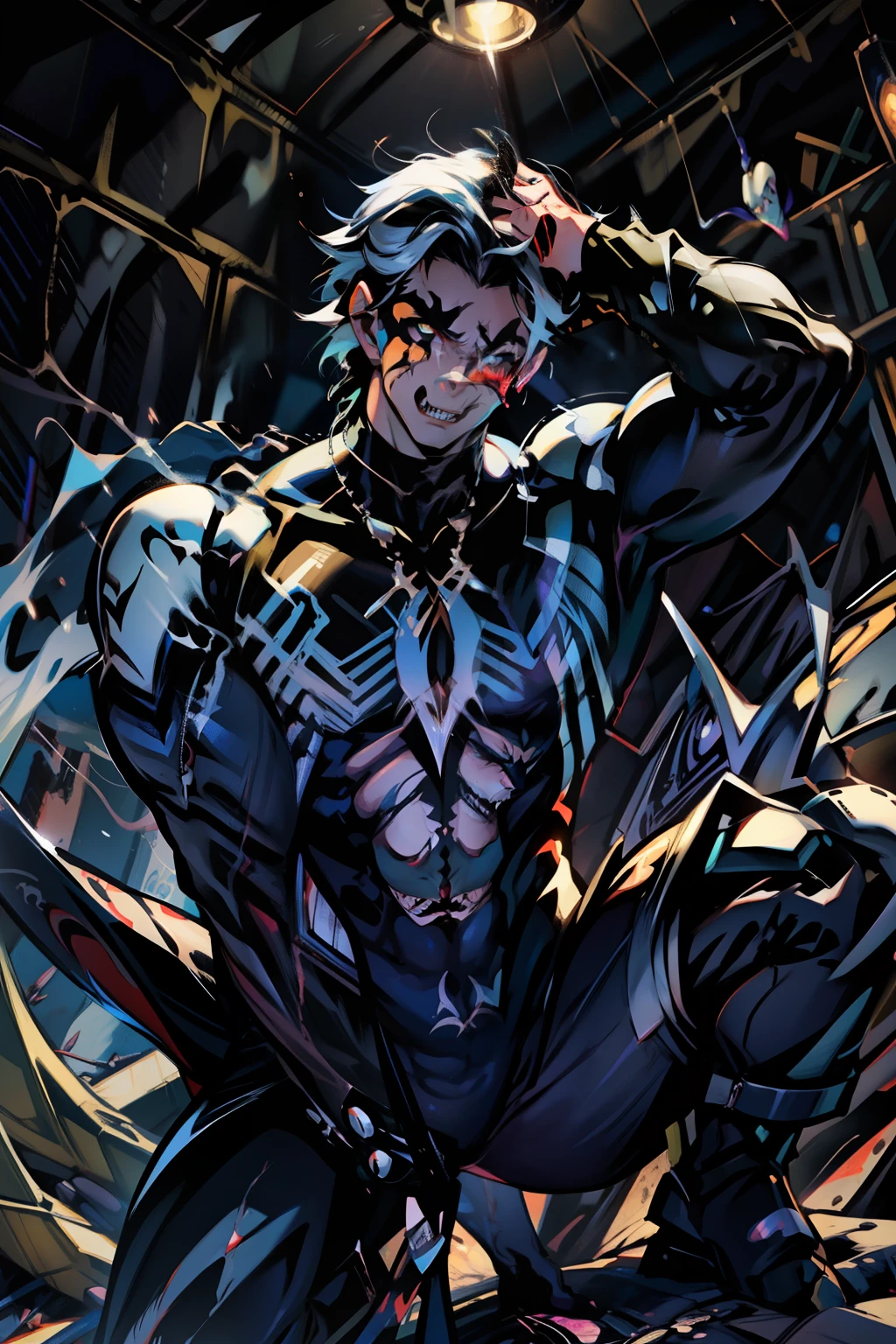 《the original god》Arataki Kazuto , male people, chest muscle, Sexy , Venom symbiote for your body, Black mucus of the body , into venom, venomize,Black bodysuit,(Cloak),Red cape,Abs,(Adult male)((Venom possession,venom symbiote)),over-Tortoise Man,Battle damage,((Masterpiece)), ((Best quality)), Ultra detailed,((illustration)), Dynamic Angle, Detailed light, (Delicate eyes), Floating, 1boy, Male focus, Head, Clothing, Yellow eyes, necklace, tattoo, (Forehead:0.8), (ahoge:0.8), jewelry, brunette color hair,apathy,Ray, chest muscle, Sexy , Venom symbiote for your body, Black mucus of the body , (into venom), Venom,frontage,Bust photo,White tight-fitting top,spiderman outfit,style of anime4 K, 4K anime wallpaper, Badass anime 8 K, 4 k comic wallpaper, young anime man, Anime boys, Anime wallpapers 4 k, Anime wallpaper 4K, High quality anime art style, Anime moe art style, Anime art wallpaper 8 K, Anime art wallpaper 4 K, RGB lighting,