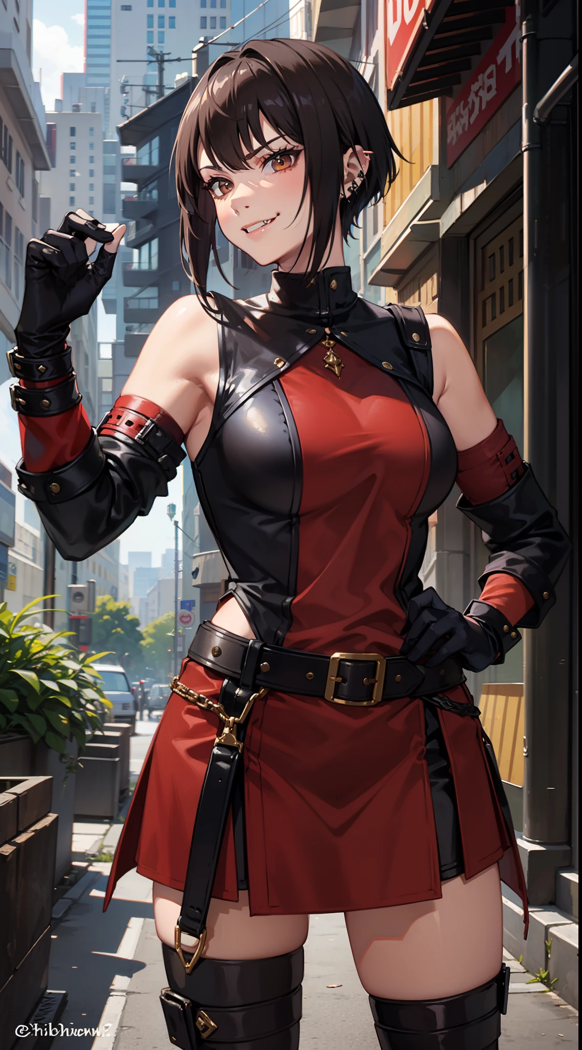Adult woman, Orc fangs, short brown hair, Punk hairstyle, Brown eyes, ciberpunk, The Monk of Street Fighting, brawn, smirk, Masterpiece, hiquality