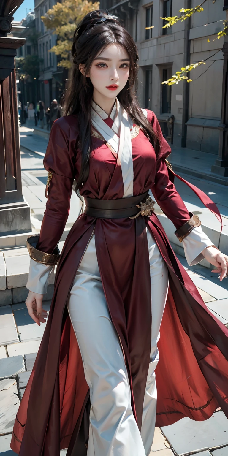 Photographic-grade high resolution,The light and shadow are gorgeous,The movements are graceful,(1 female),Soft expression,Unique makeup,Unique costumes,Meticulous accessories,Background bokeh,Red tones,fantasy atmosphere。