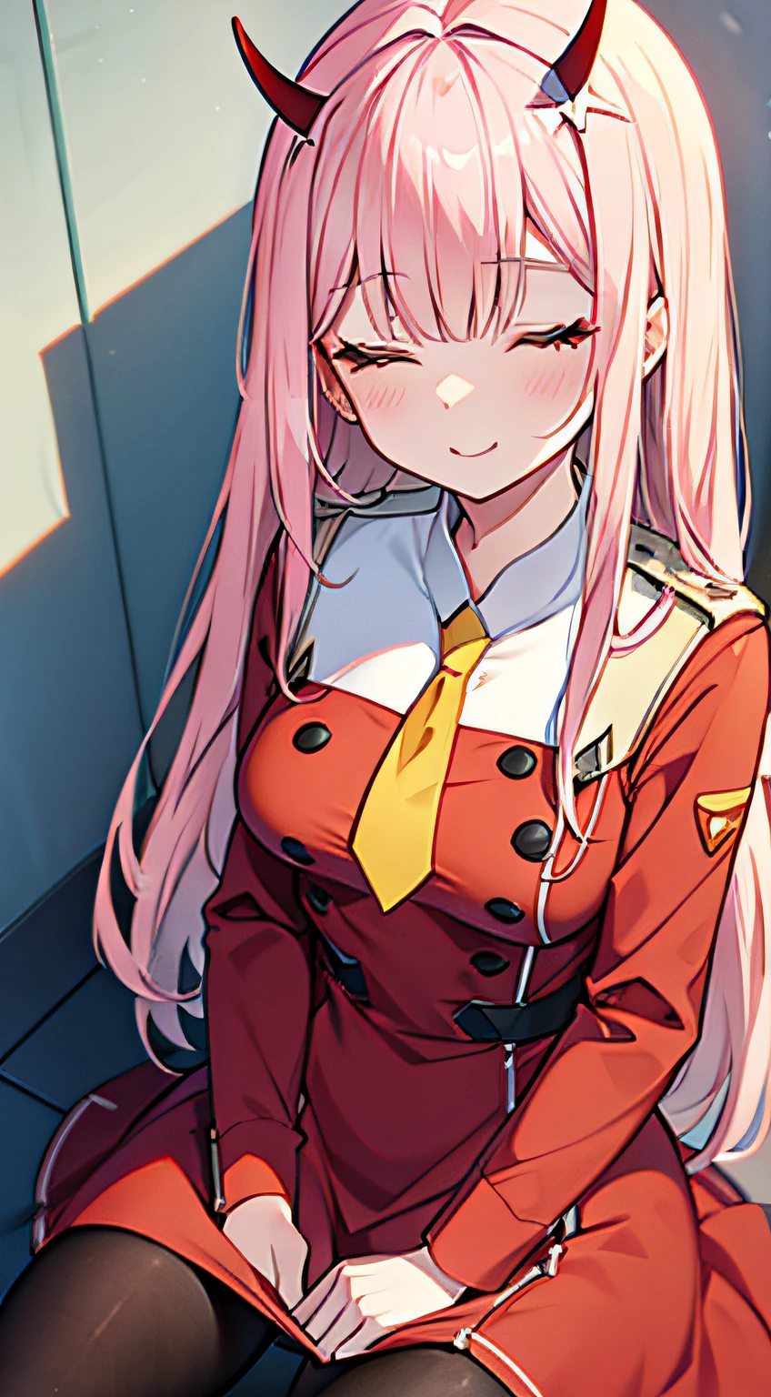 Zerotwo\（Dear in Franks\）， Dear in Franks， 1girll， By bangs， nip， shadowing， long whitr hair， little breast， upper legs， putting makeup on， Red dress with details， a yellow tie， lacepantyhose， closing her eyes， smiling at viewer， pair of small red horns， Pink hair， Red Eyeshadow， Tighten the skin， 独奏，wink
