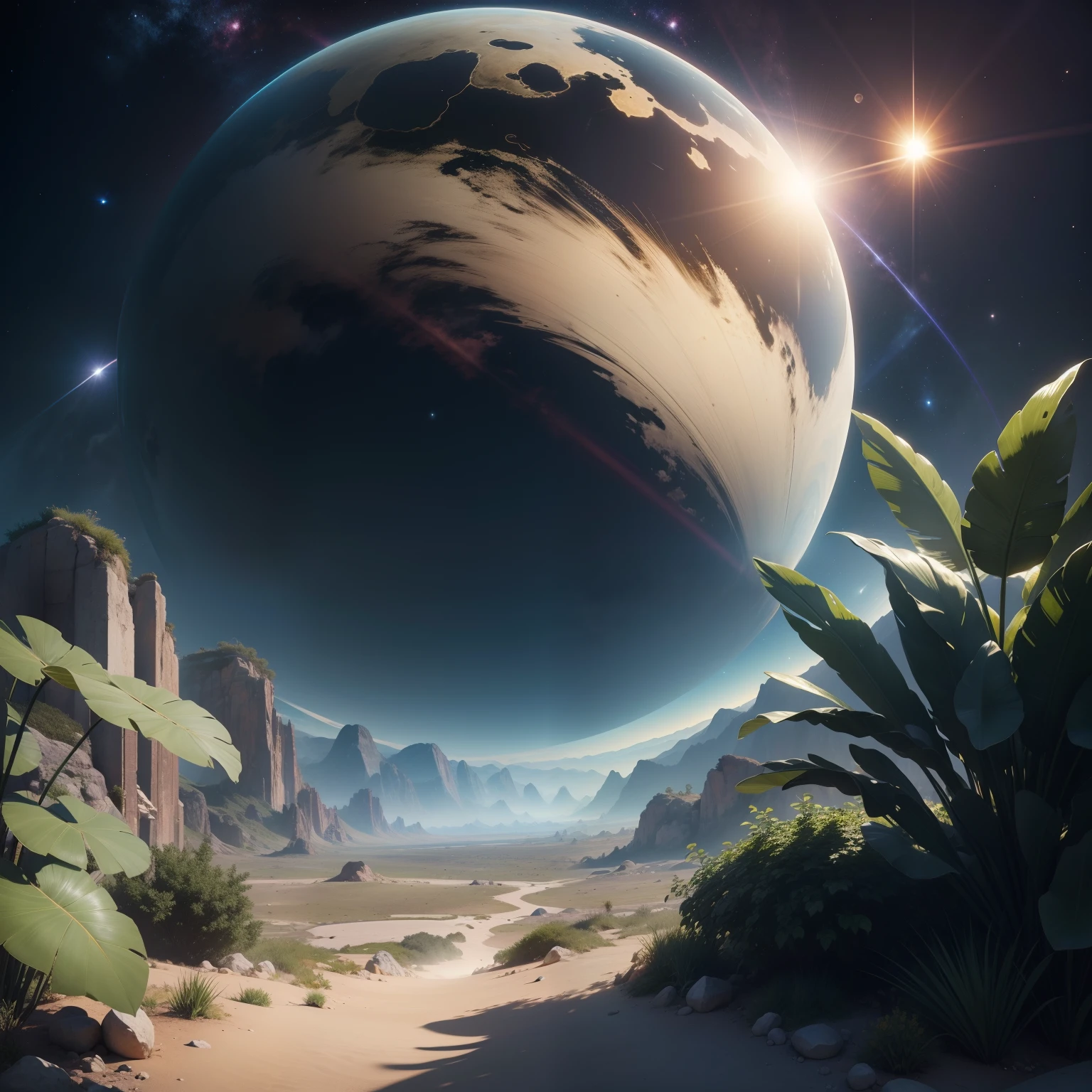 Image over the space in 8k with sun and plants all well rendered and with high quality graphics
