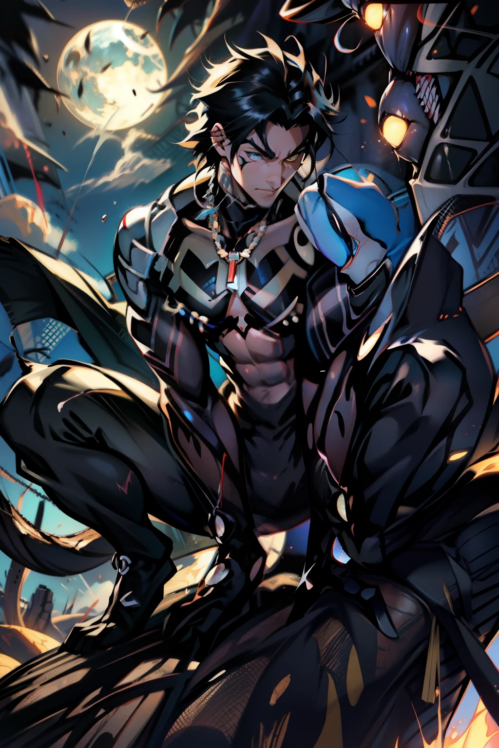 《the original god》Arataki Kazuto , male people， chest muscle， Sexy , Venom symbiote for your body, Black mucus of the body , into venom, venomize，Black bodysuit，（Cloak），Red cape，Abs，（Adult male）（（Venom possession，venom symbiote）），over-Tortoise Man，Battle damage，((Masterpiece)), ((Best quality)), Ultra detailed,((illustration)), Dynamic Angle, Detailed light, (Delicate eyes), Floating, 1boy, Male focus, Head, Clothing, Yellow eyes, necklace, tattoo, (Forehead:0.8), (ahoge:0.8), jewelry, brunette color hair,apathy，Ray， chest muscle， Sexy , Venom symbiote for your body, Black mucus of the body , （into venom）, Venom，frontage，Bust photo，White tight-fitting top，spiderman outfit，style of anime4 K， 4K anime wallpaper， Badass anime 8 K， 4 k comic wallpaper， young anime man， Anime boys， Anime wallpapers 4 k， Anime wallpaper 4K， High quality anime art style， Anime moe art style， Anime art wallpaper 8 K， Anime art wallpaper 4 K， RGB lighting，