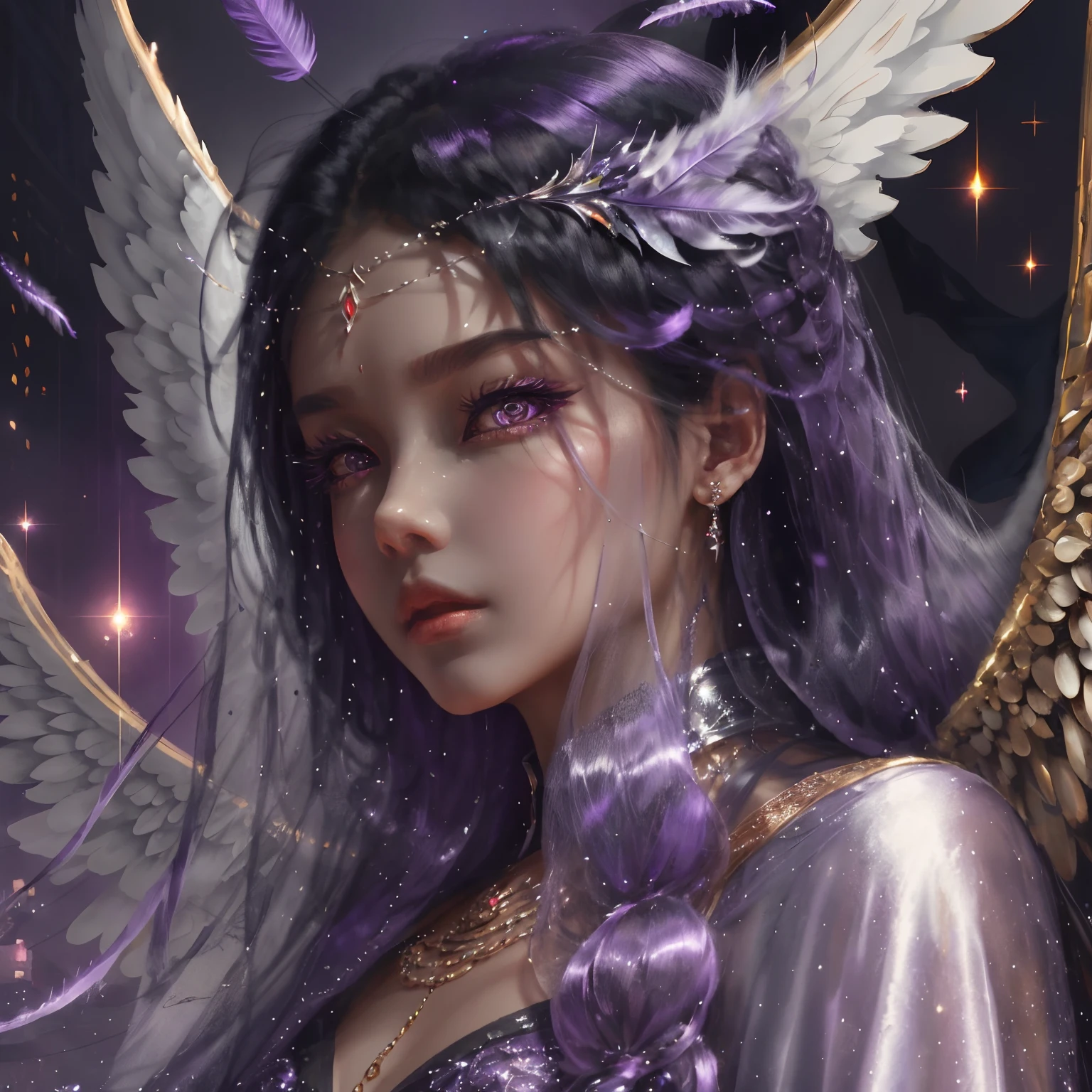 1girl, shimmering and glittering dark black hair, extremely detailed and realistic long hair, loose curls, purple macro eyes, beautiful detailed eyes, dark skin, silk clothes, pure angel, silver ornaments, highlights, angel's city, intricate purple and silver feathers, fantasy, anime