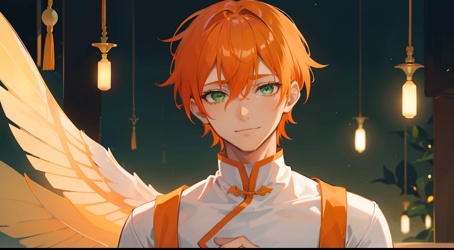 One guy,is crying,Smile,(((Guy))), (((man))), (((Man's))),(((masutepiece))), (((Beautiful lighting))),(((muscular))),(((man))),),(((Green eyes))),(((Orange hair))), Male face,male eyebrows, Male Eyes, Eyelashes, Medium Hair,Beautiful face, v shaped_eyebrow,White skin,Transparent wings,Chinese_Clothes,(((Black clothes,)))garters_lanyard, See-through,The light of the Buddha shines, holy,