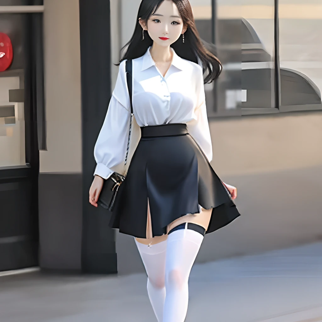 1girll,25 age old,high-heels,long leges,white shirt,Skirt that wraps hips,Black silk stockings,2k