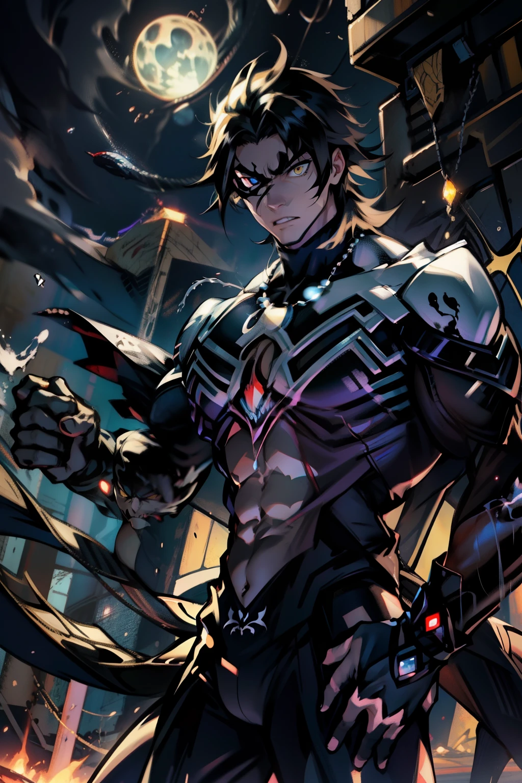 《the original god》Arataki Kazuto , male people, chest muscle, Sexy , Venom symbiote for your body, Black mucus of the body , into venom, venomize,Black bodysuit,(Cloak),Red cape,Abs,(Adult male)((Venom possession,venom symbiote)),over-Tortoise Man,Battle damage,((Masterpiece)), ((Best quality)), Ultra detailed,((illustration)), Dynamic Angle, Detailed light, (Delicate eyes), Floating, 1boy, Male focus, Head, Clothing, Yellow eyes, necklace, tattoo, (Forehead:0.8), (ahoge:0.8), jewelry, brunette color hair,apathy,Ray, chest muscle, Sexy , Venom symbiote for your body, Black mucus of the body , (into venom), Venom,frontage,Bust photo,White tight-fitting top,spiderman outfit,style of anime4 K, 4K anime wallpaper, Badass anime 8 K, 4 k comic wallpaper, young anime man, Anime boys, Anime wallpapers 4 k, Anime wallpaper 4K, High quality anime art style, Anime moe art style, Anime art wallpaper 8 K, Anime art wallpaper 4 K, RGB lighting,