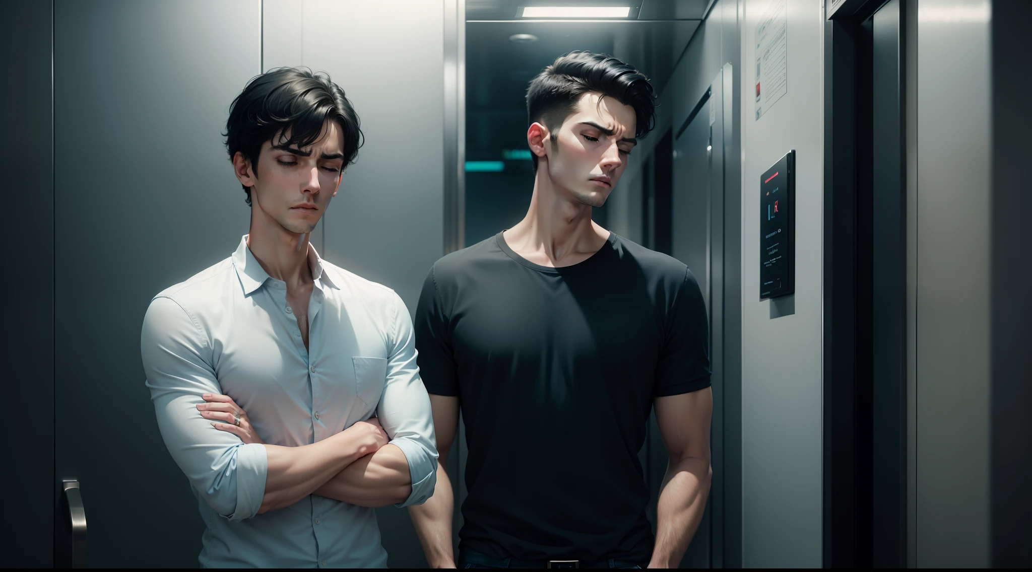 Ultra-realistic 8k image of a slim 25-year-old man, short black hair, dressed in a light blue blouse and jeans, expression of anguish, eyes closed, standing inside an elevator with his arms crossed