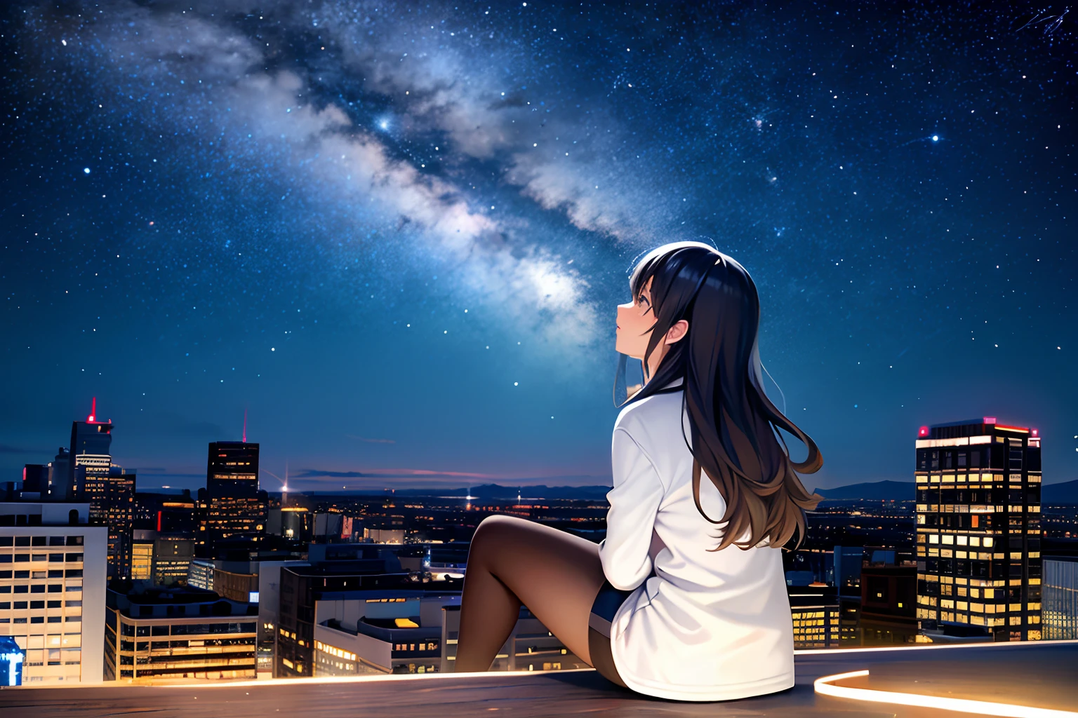 octane, sky, Star (sky), scenery, Starry sky, Night, 1girll, Night sky, Solo, Outdoors, signatures, Building, Cloud, Milky Way, Sitting, tree, Long hair, City, Silhouette, Cityscape，Roof