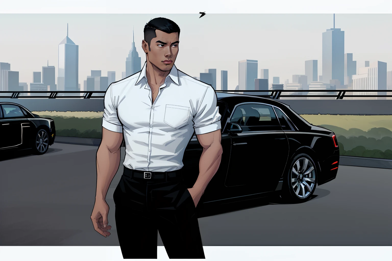 asian man, standing, outside, daytime, showing a black Rolls-Royce, city on background, buzz cut hair, black pants, shirt, white shirt, comic book style, flat shaded, prominent comic book outline linework