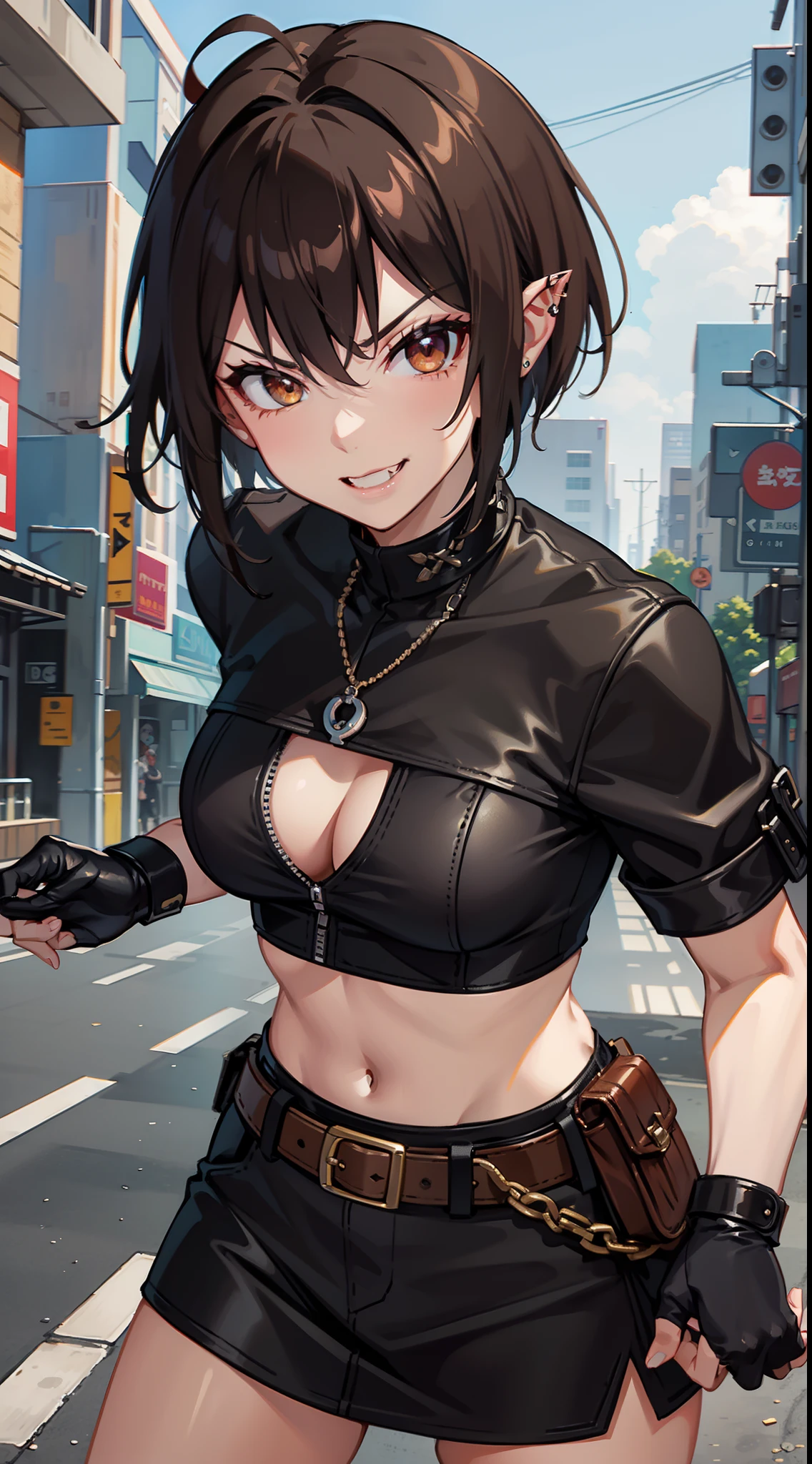 Adult woman, Orc fangs, short brown hair, Punk hairstyle, Brown eyes, ciberpunk, The Monk of Street Fighting, brawn, smirk, Masterpiece, hiquality