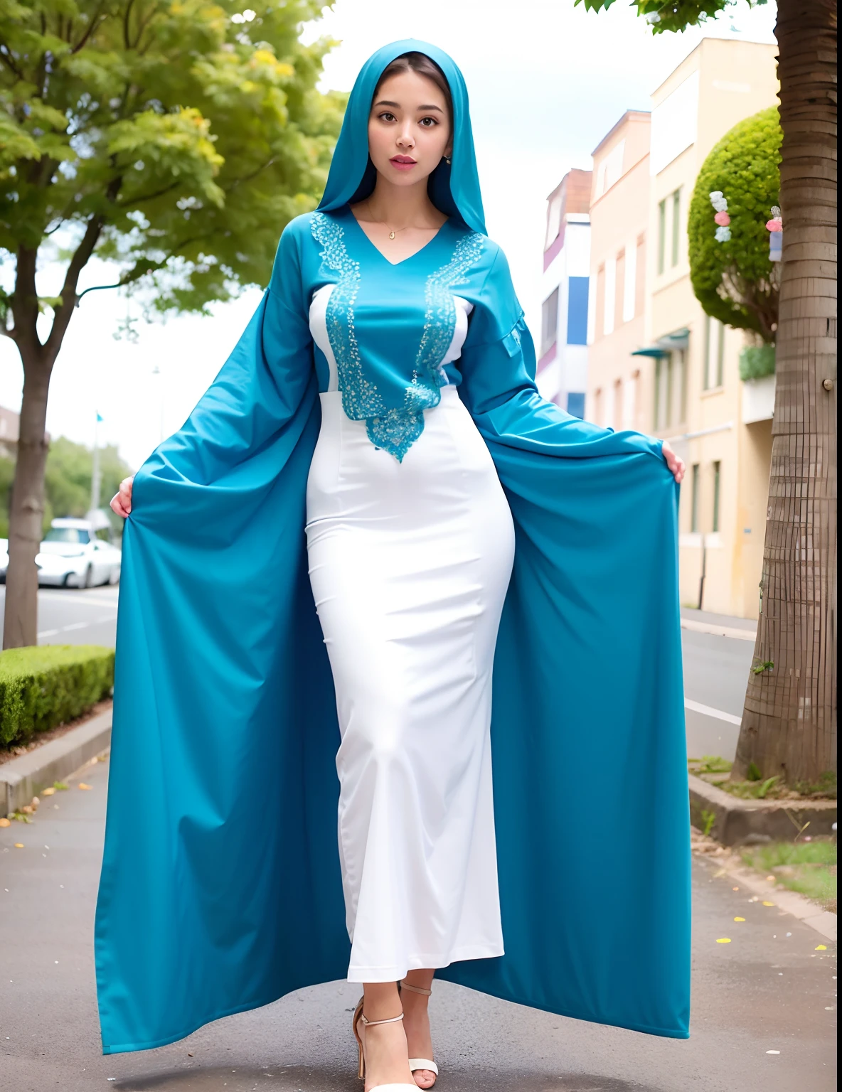 (8k, photo RAW, beste-Qualit, chef-d'work : 1,2), (Realstic, photo-realistic : 1,37), 1 girl, paysage urbain, nuit, pluie, humide, professional lighting, photon mapping, radiosity, European beauty Moroccan caftan wears covers her respectable whole body full body outfit Moroccan caftan