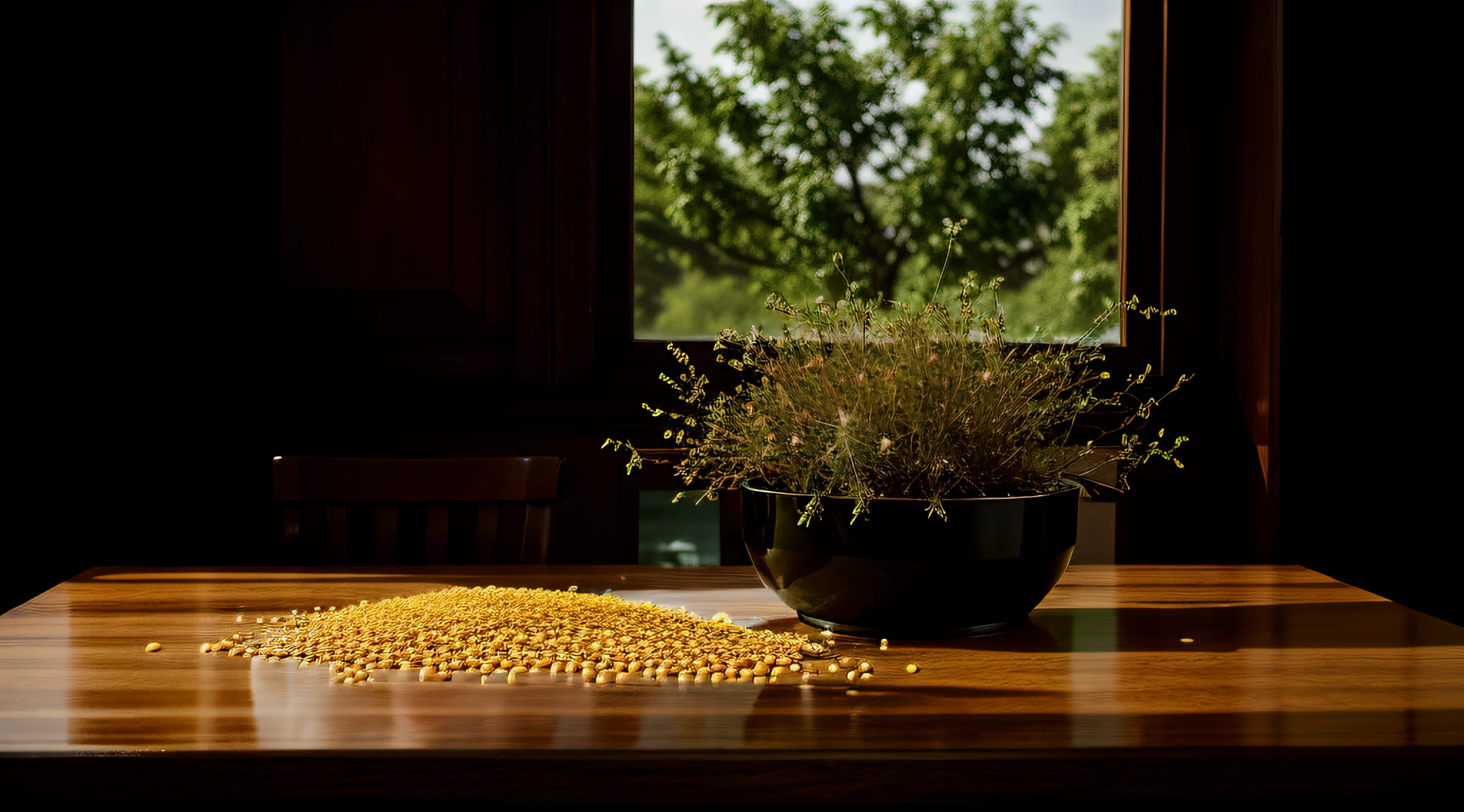 Preserve composition,Does not break the content in the picture,Does not spoil the texture of the picture,There are scattered soybeans on the tabletop, Portrait shooting, sits at a table,