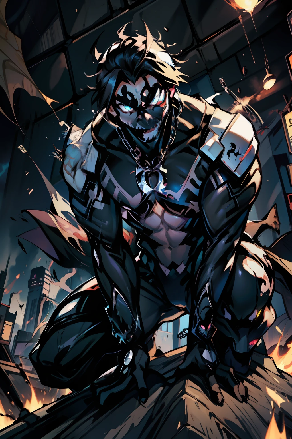 《the original god》Arataki Kazuto , male people, chest muscle, Sexy , Venom symbiote for your body, Black mucus of the body , into venom, venomize,Black bodysuit,(Cloak),Red cape,Abs,(Adult male)((Venom possession,venom symbiote)),over-Tortoise Man,Battle damage,((Masterpiece)), ((Best quality)), Ultra detailed,((illustration)), Dynamic Angle, Detailed light, (Delicate eyes), Floating, 1boy, Male focus, Head, Clothing, Yellow eyes, necklace, tattoo, (Forehead:0.8), (ahoge:0.8), jewelry, brunette color hair,apathy,Ray, chest muscle, Sexy , Venom symbiote for your body, Black mucus of the body , (into venom), Venom,frontage,Bust photo,White tight-fitting top,spiderman outfit,style of anime4 K, 4K anime wallpaper, Badass anime 8 K, 4 k comic wallpaper, young anime man, Anime boys, Anime wallpapers 4 k, Anime wallpaper 4K, High quality anime art style, Anime moe art style, Anime art wallpaper 8 K, Anime art wallpaper 4 K, RGB lighting,