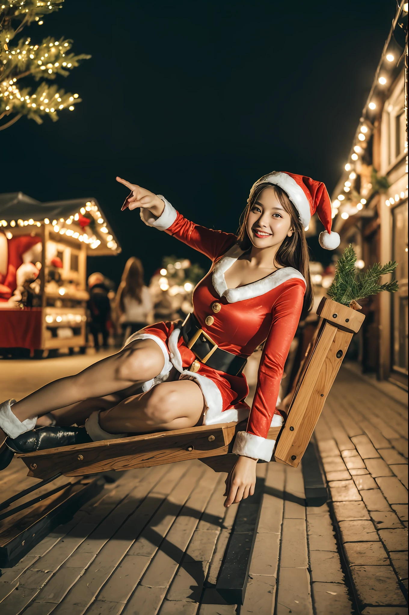 (((santa claus costume))),(((Riding a sled))),(((view full body))),(((Photographing a girl from an angle))),ulzzang-6500-v1.1, (Raw photo:1.2), (Photo realistic:1.4), a beautiful detailed girl, extremely detailed eye and face, beautiful detailed eyes, ultra-detailed, High resolution, top-quality, ​masterpiece, highly detailed, 8k wallpaper, Wonderful, finely detail, top-quality, Light on the face,电影灯光,1girl in,(Christmas market in Stuttgart),Beautiful eyes,smile,Opening Mouth