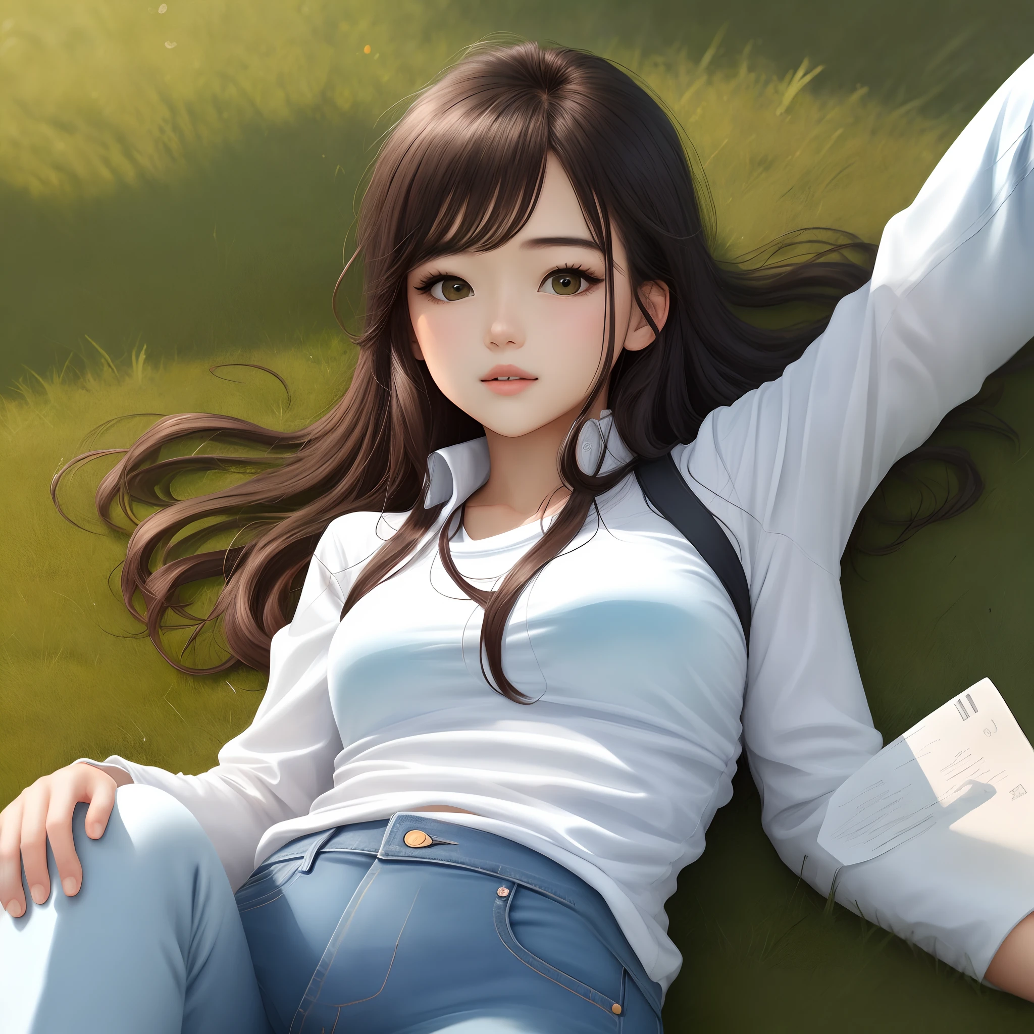 Girl lying on grass wearing white shirt jeans