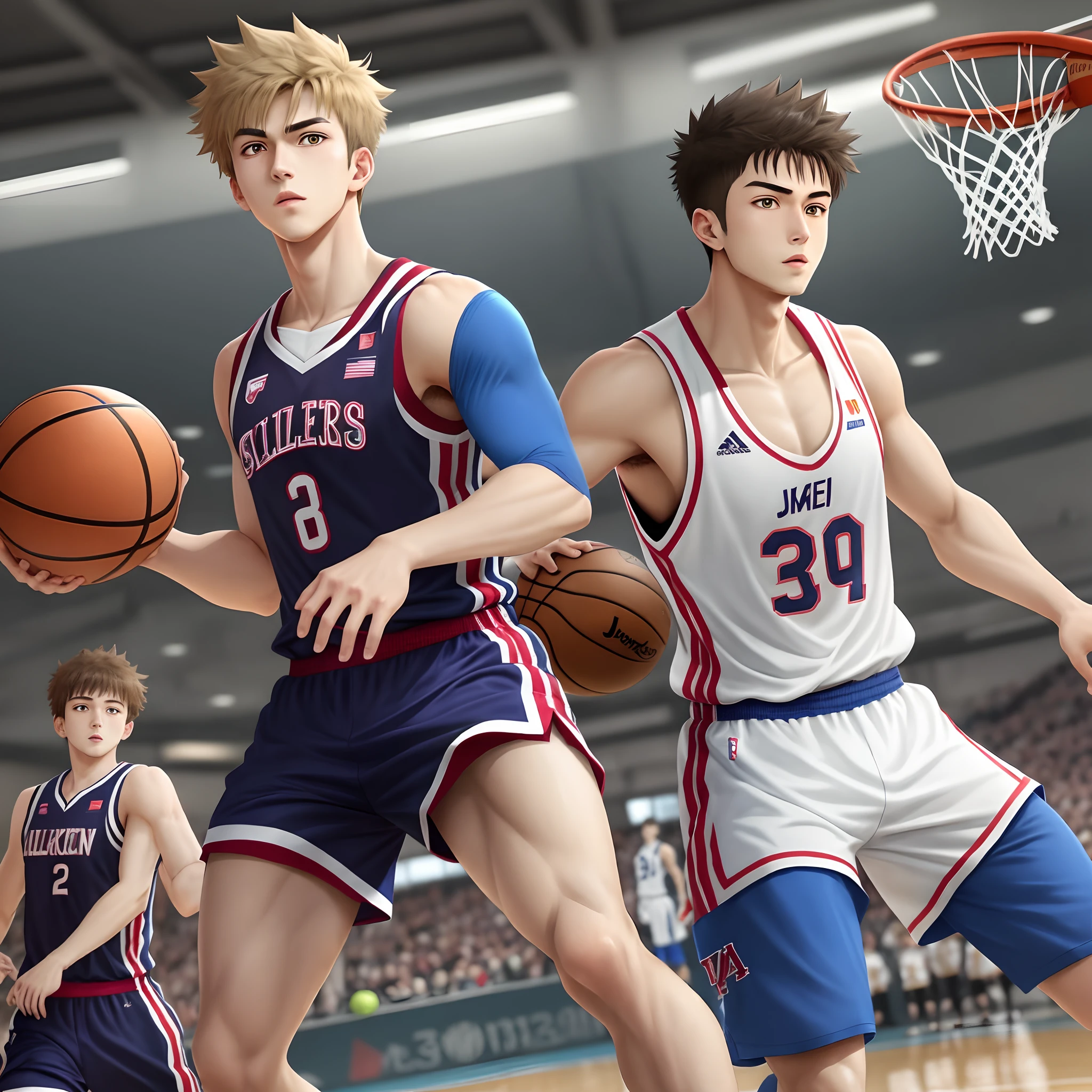 Handsome boy in anime,Sportswear juvenile feel,Playing the Basketball,big breasts exposed cleavage