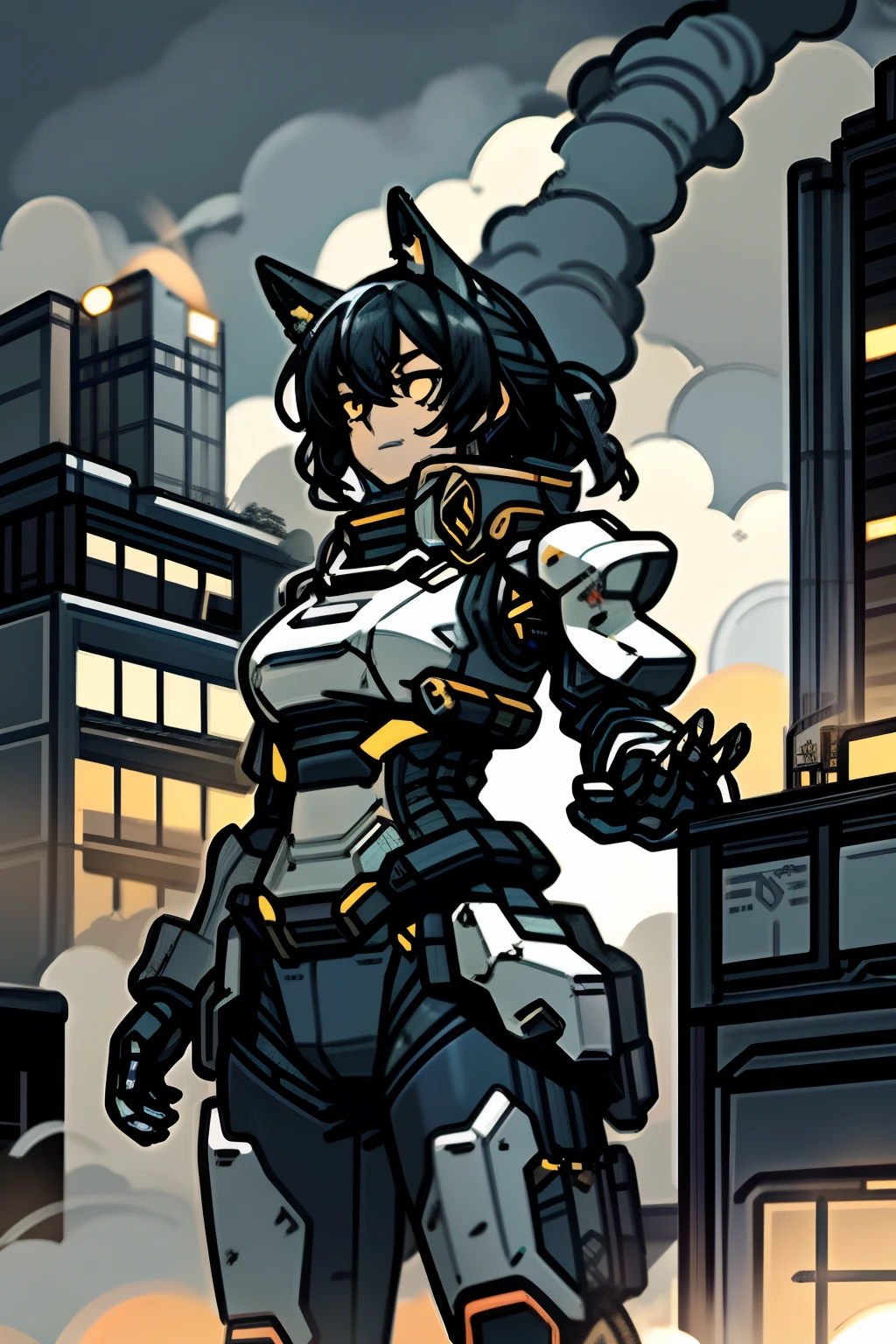 rainy night view, half moon, clouds, holding, glowing, building, glowing_eyes, mech, science_fiction, city, real, mech, fighter, strafing, attack, big explosion, mankind's strongest weapon, armored armor, hero, legendary soldier, female soldier, big chest