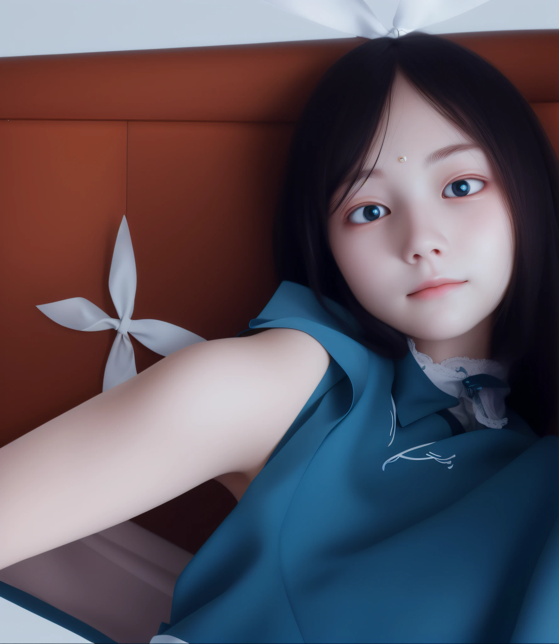 The eyes do not change,Thin face,The arms are thin and white,A white bow is tied in the hair(pervert smirk:1.1),best quality,(Detailed facial features),(eyeslashes:1.1),(depth of fields:1.1),(color difference:1.1),(Caustics:1.1),goddes