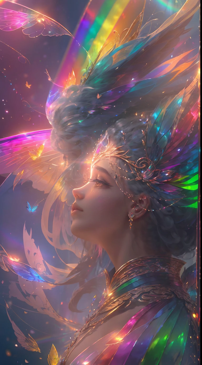 (((masterpiece))), (((best quality))), ((ultra-detailed)),(highly detailed CG illustration), ((an extremely delicate and beautiful)),cinematic light, Create a stunning fantasy artwork that mimics the style of currently trending masters of the genre. The art piece should contain elements of both mythic fantasy and fairytale fantasy with dreamy rainbow accents. ((Utilize the rainbow as the main color scheme.)) The character in the artwork is a delicate but strong petite figure with an aura of mystery and magic and (beautiful translucent rainbow wings). Pay close attention to intricate facial features, such as mesmerizing eyes with vibrant colors and bold shading. The character's clothing should be designed with gossamer feathers, silk, stunning embroidery, and subtle iridescent details. Incorporate (((translucent rainbows))), dreamy colors, dynamic lighting, and detailed background elements to create a sense of awe and immersion. Include colorful flying magical birds and jewel-toned rainbow butterflies radiating a magical aura. Consider the latest trends in fantasy art, such as incorporating unique lighting effects, exploring dynamic and compelling composition techniques, and experimenting with unique color palettes. Take inspiration from the top artists on ArtStation and Midjourney. Camera: Choose an angle that highlights the character's beauty and enhances the magical majesty of the artwork. Lighting: Utilize atmospheric lighting techniques to create depth and mood. Resolution: Aim for a high-resolution artwork to showcase intricate details and clarity. Art Inspirations: Seek inspiration from the trending artists on ArtStation, exploring different styles, genres, and themes.
