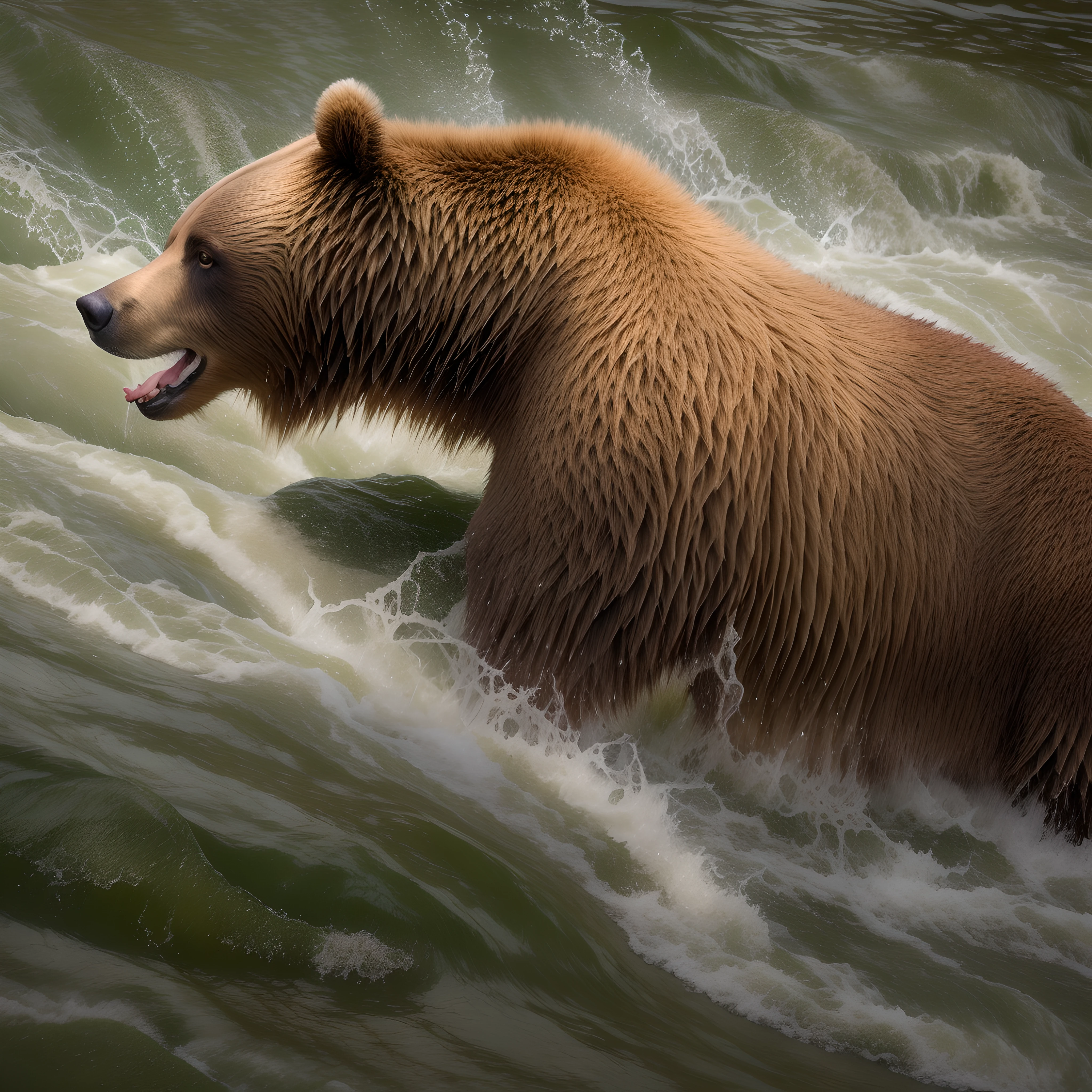 The grizzly bear sits relaxed near a rushing river, contentedly munching on a freshly caught salmon as the crisp mountain breeze ruffles its thick brown fur. Half of its shaggy coat has been shed for the summer, revealing patches of lighter fur underneath. The molted sections form a haphazard pattern, with tufts of fur sprouting randomly across the bear's bulky frame.
On its face, a pair of keen brown eyes gaze patiently ahead, squinting lightly in calm thought. Round ears perk up from the top of the great head, swiveling occasionally at the sounds of the river. Along the bear's broad back and shoulders, the fur grows longer and more unruly, giving the animal a rugged yet charming look. Its burly legs sprawl casually beneath, poised to carry the massive beast unhurriedly to the next delicious catch.
Chewing slowly, the grizzly savors the taste of fresh salmon, massive paws contentedly dipping into the pristine waters. Patiently enduring the mountain air ruffling through its incomplete coat, the bear radiates an aura of quiet power, fully embracing the wild freedom of its imperfect but majestic form.