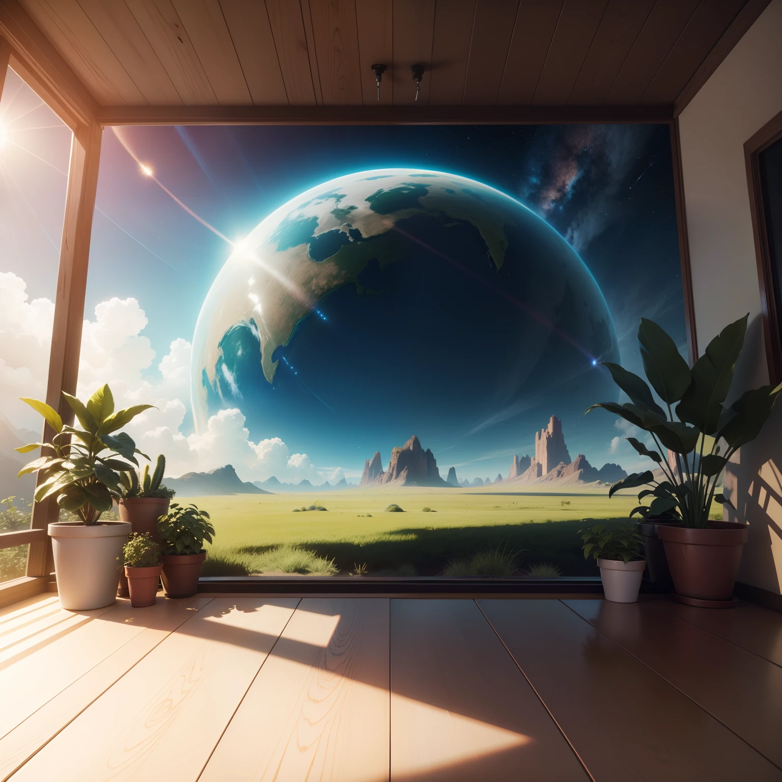 Image over the space in 8k with sun and plants all well rendered and with high quality graphics