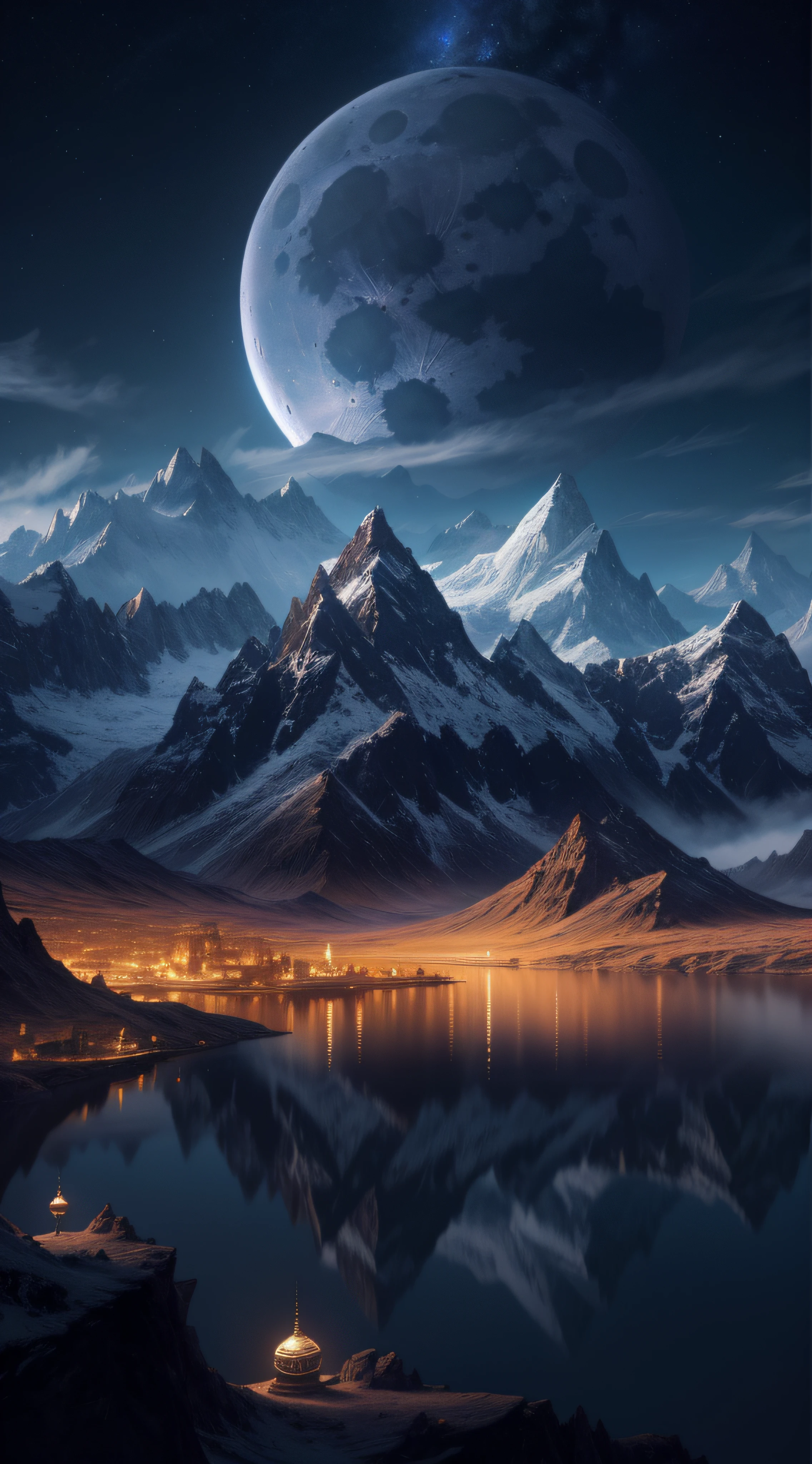 mountains and a lake with a moon in the sky, 4k highly detailed digital art, 4 k hd wallpaper very detailed, impressive fantasy landscape, sci-fi fantasy desktop wallpaper, unreal engine 4k wallpaper, 4k detailed digital art, sci-fi fantasy wallpaper, epic dreamlike fantasy landscape, 4k hd matte digital painting, 8k hd wallpaper digital art