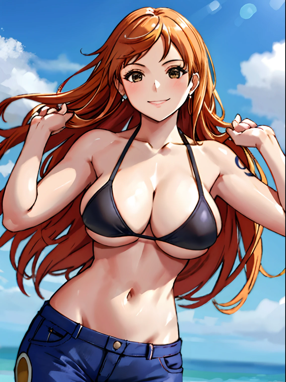 detailed background, masterpiece, 2k, center on face, nip slip, best quality, 1girl, solo, nami \(one piece\), 1girl, bangle, hands out of frame, detailed arms, strong arms, straightened arms, muscular body, flex muscles, seductive, wrestling outfit, bangs, bare shoulders, bikini, bikini top , blue sky, breasts, brown eyes, bubble, cleavage, cloud, cowboy shot, day, black bikini pants, earrings, floating hair, black bikini, groin, large breasts, long hair, looking at viewer, navel, orange hair, shoulder tattoo, sky, smile, solo, standing, stomach, swimsuit, tattoo ,