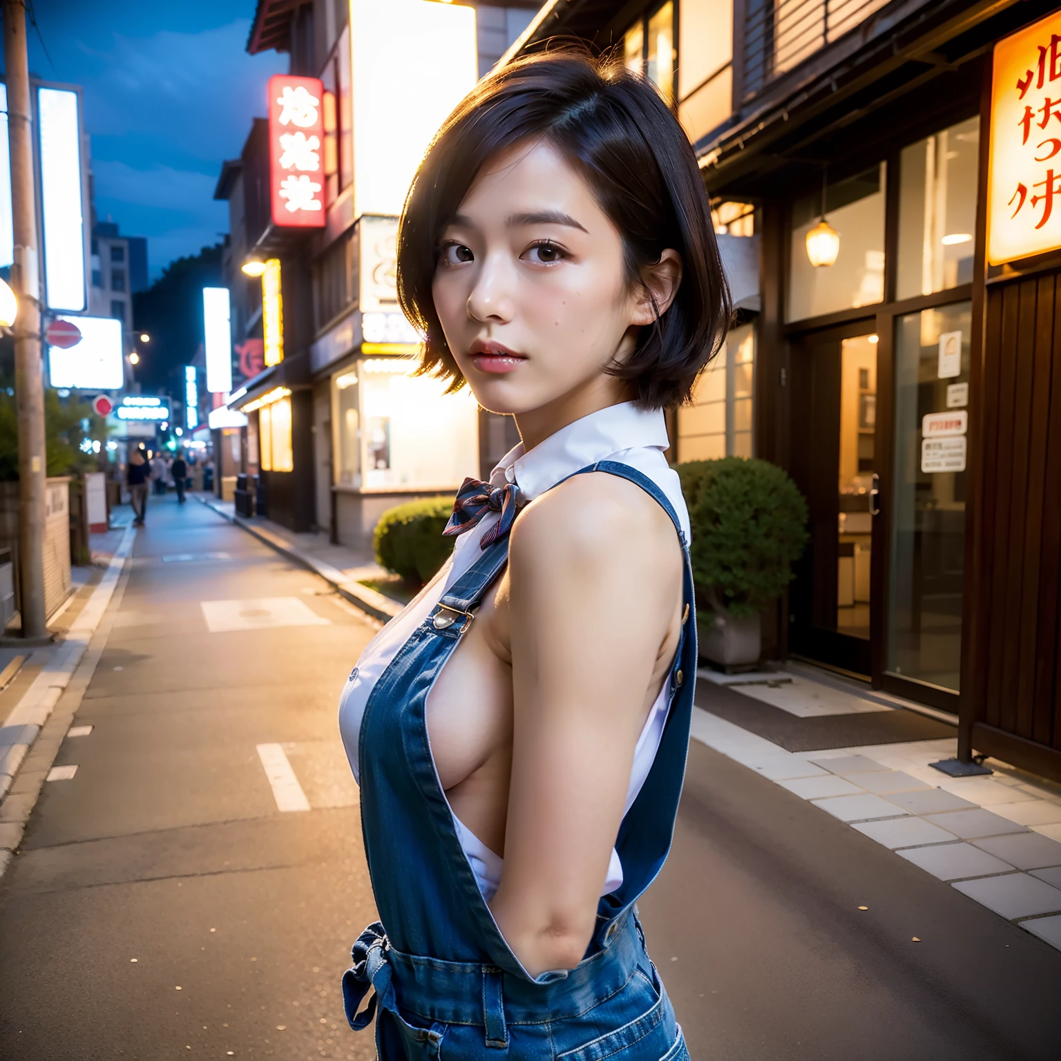 overalls, toppless, Shirtless, medium breasts, From Side, (8K, Raw photo, Best Quality, masutepiece:1.2), (Realistic, Photorealsitic:1.37), Detailed skin, Beautiful, kawaii, Ultra-detailed, 1 girl,Cute, Solo,Beautiful detailed sky,detailed Tokyo street,Night, medium breasts,Beautiful detailed eyes,(Collared shirt:1.1), bowtie,Pleated skirt,(Short hair:1.2),Floating hair,Short High,