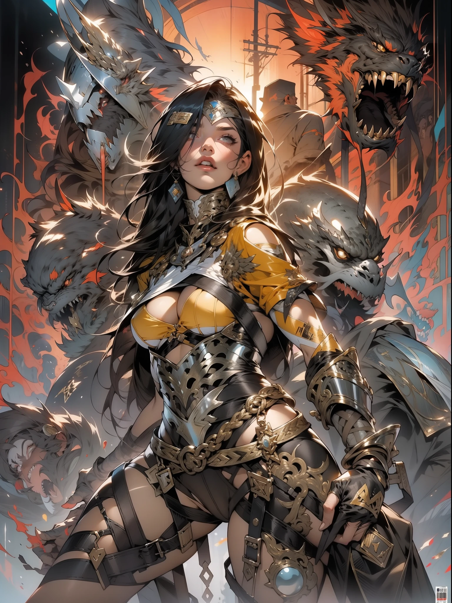 close de uma guerreira mulher de 35 anos musculosa quase nua no estilo Simon Bisley para a capa da revista Heavy Metal, cabelo metade preto metade branco, Minimum clothing, Roupas curtas, (((mulher))), (((melhor qualidade))), (((obra prima))), (((adulta))), Uma guerreira mulher de 35 anos com corpo perfeito, Brooklyn Gladiators, hand with steel gloves and metal tips, (( under boobs )), (( Tiny thong )), quase nua no estilo selvagem urbano de Simon Bisley para a capa da revista 2000 A.D., cabelo curto desalinhado, Minimum clothing, arm with heavy metal protection full of tips, tatuagem tribal, estrelas de 5 pontas, (((corpo inteiro))), cabelo preto curto com franja branca cobrindo a testa