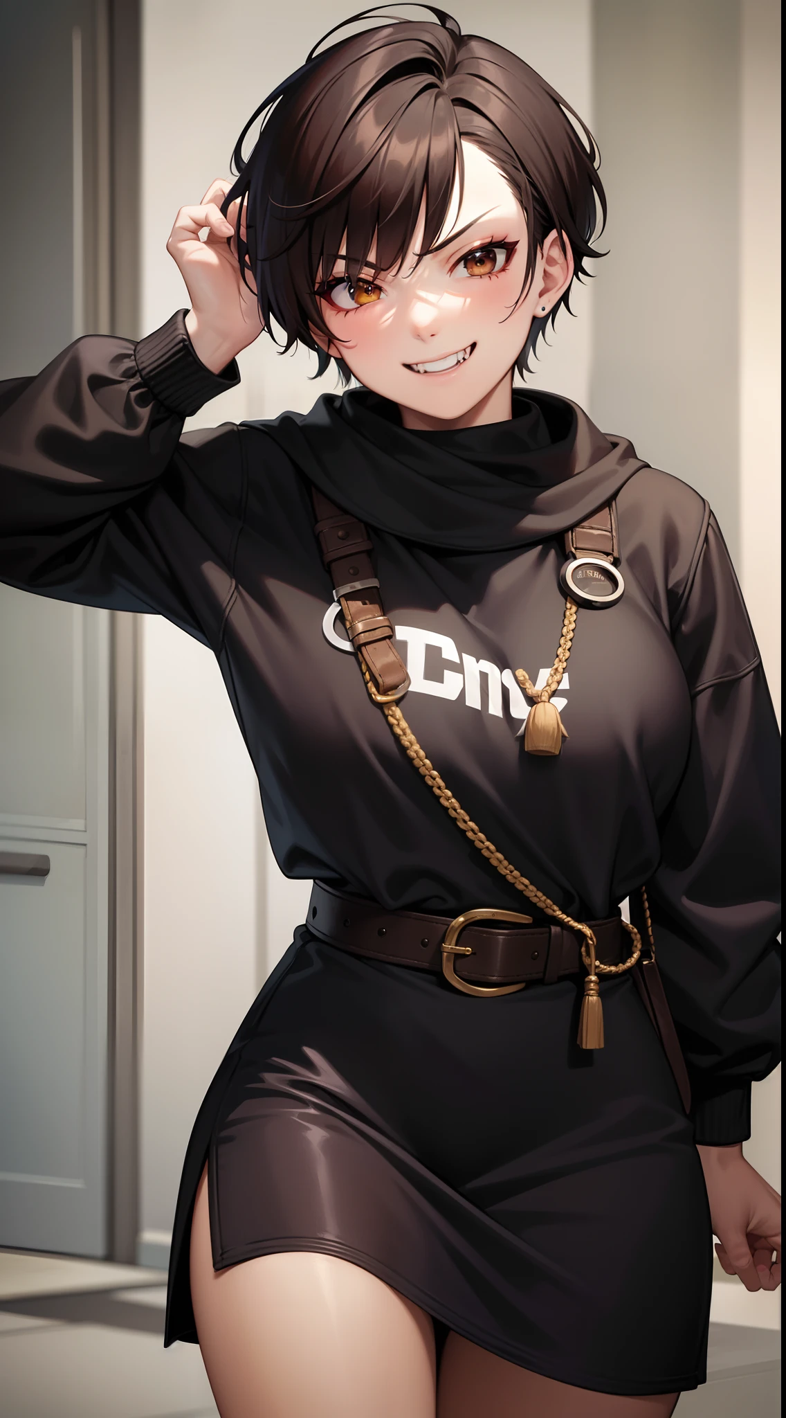 Adult woman, Orc fangs, short brown hair, Punk hairstyle, Brown eyes, ciberpunk, The Monk of Street Fighting, brawn, smirk, Masterpiece, hiquality