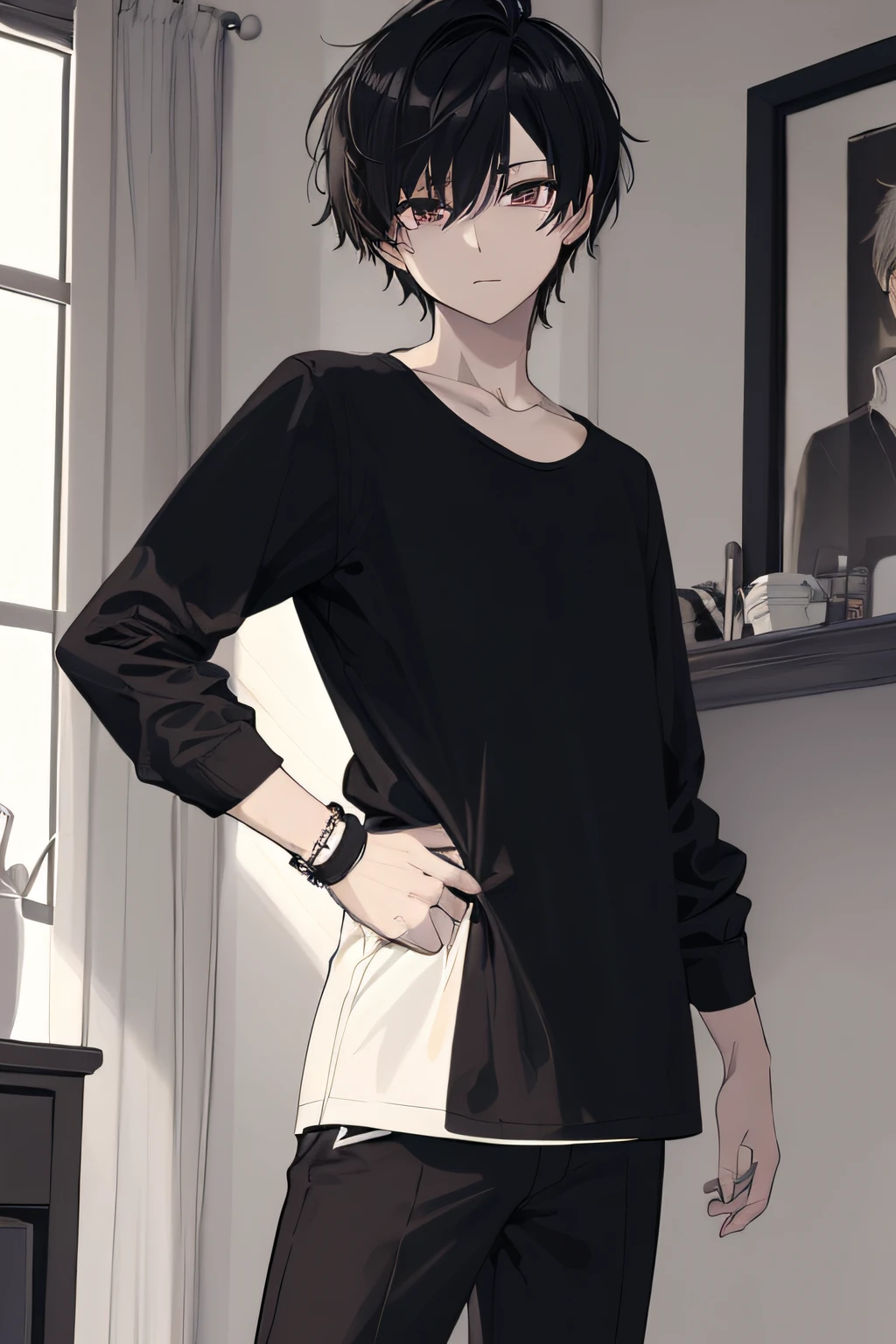 Anime - Imagen de estilo de un hombre con una camisa y pantalones blancos y negros, Hermosa pose de anime, Chico alto de anime con ojos azules, Retrato de cuerpo entero de un corto!, Estilo anime masculino, Full body anime illustration, Joven hombre de anime, !!Retrato de cuerpo entero!!, inspired by Itō Ogura Yonesuke, inspirado por Okumura Masanobu