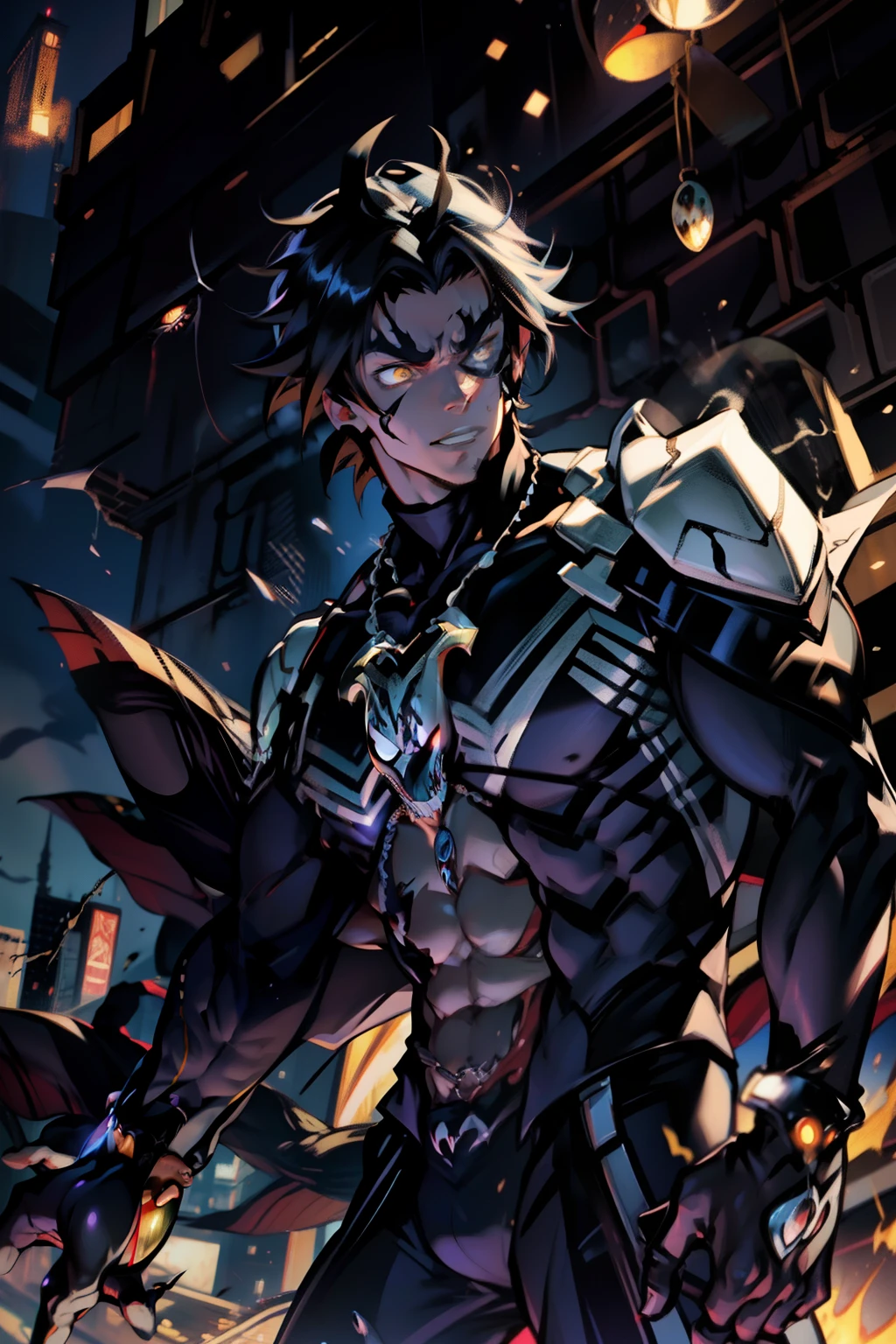 《the original god》Arataki Kazuto , male people, chest muscle, Sexy , Venom symbiote for your body, Black mucus of the body , into venom, venomize,Black bodysuit,(Cloak),Red cape,Abs,(Adult male)((Venom possession,venom symbiote)),over-Tortoise Man,Battle damage,((Masterpiece)), ((Best quality)), Ultra detailed,((illustration)), Dynamic Angle, Detailed light, (Delicate eyes), Floating, 1boy, Male focus, Head, Clothing, Yellow eyes, necklace, tattoo, (Forehead:0.8), (ahoge:0.8), jewelry, brunette color hair,apathy,Ray, chest muscle, Sexy , Venom symbiote for your body, Black mucus of the body , (into venom), Venom,frontage,Bust photo,White tight-fitting top,spiderman outfit,style of anime4 K, 4K anime wallpaper, Badass anime 8 K, 4 k comic wallpaper, young anime man, Anime boys, Anime wallpapers 4 k, Anime wallpaper 4K, High quality anime art style, Anime moe art style, Anime art wallpaper 8 K, Anime art wallpaper 4 K, RGB lighting,