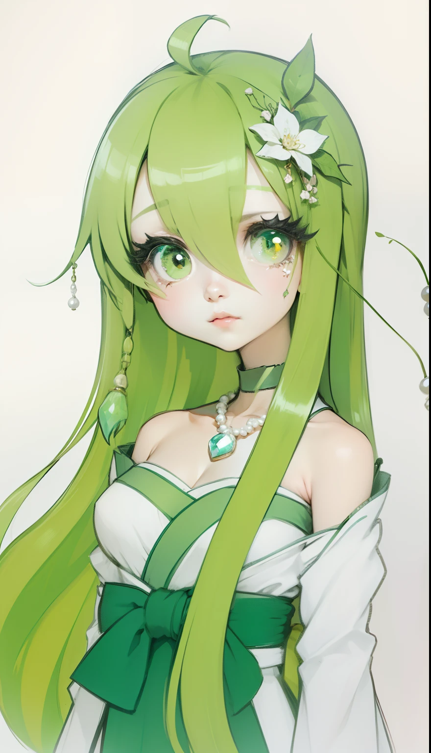Green hair, Green eyes, White pupils,On the head is worn bamboo leaves and pearls,There are also a few small white flowers,Two teardrop-shaped pendants hang from the headdress,long whitr hair,Gentle and beautiful,Peerless beauty,White Hanfu,Water sleeves,There is a large dark green bow at the waist,A light green gemstone hung around her neck