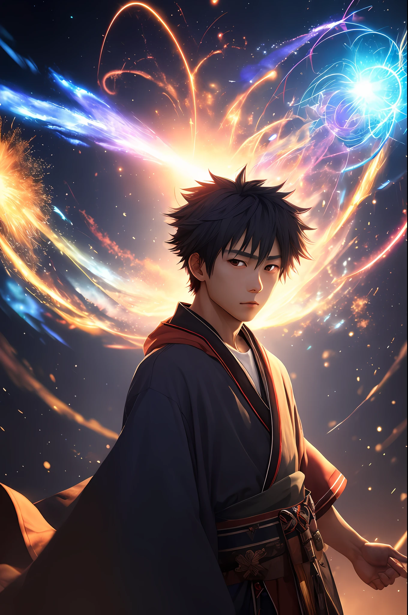 (High quality, Best quality), 1boy, Solo, Kohei Makino, Robe, wizard, Looking_at_peeping at the viewer, Focused, casting, Spell, magic, fantasy, Light_Particle, Glowing, hdr