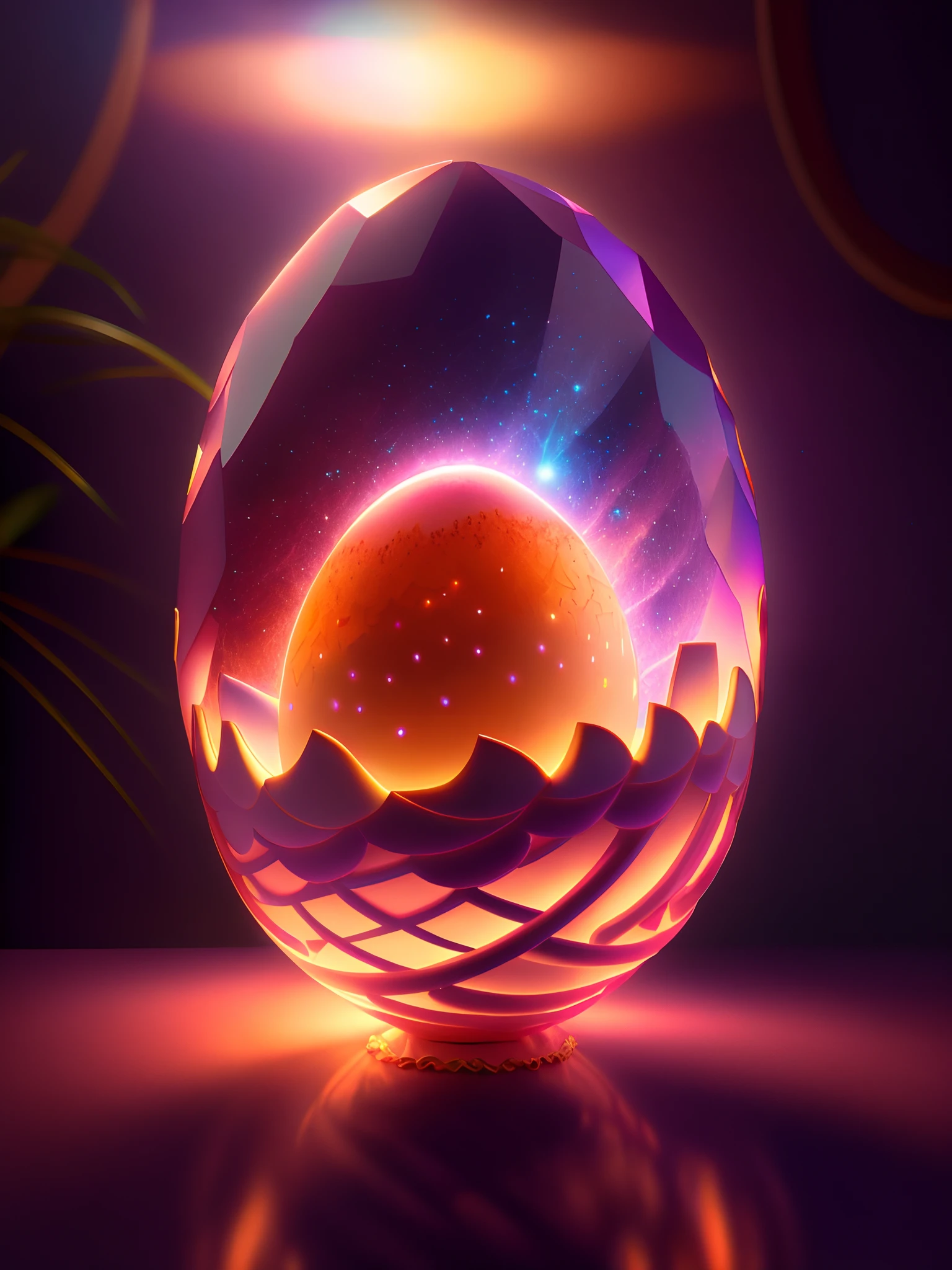 Efecto Shatter en After Effects,,Soft broken shell egg in intricately opaque 3D carved from shiny ivory in dimly lit room, con una luz rosa muy suave que emana de debajo del huevo, zarcillos de vid en espiral brillantes de color naranja rosado que abarcan el huevo amorosamente como si estuviera vivo, fotorrealista, detallado, realista, alta calidad, Background thunderstorms, detallado, realista, 8k UHD, alta calidad, Barbiecore.  magica, fantasy, rosado, violeta, PALETA DE ORO, flowers