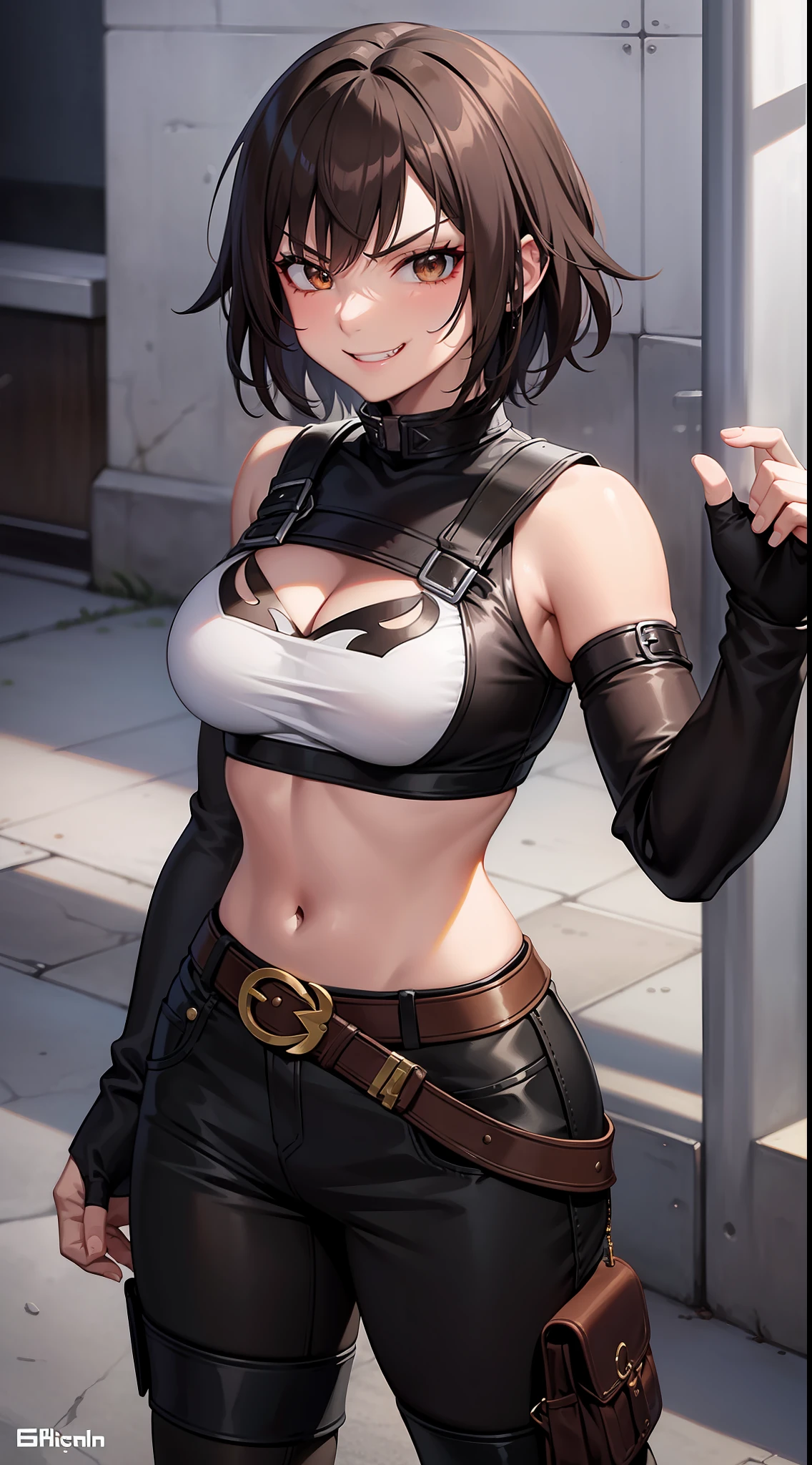 Adult woman, Orc fangs, short brown hair, Punk hairstyle, Brown eyes, ciberpunk, The Monk of Street Fighting, brawn, smirk, Masterpiece, hiquality